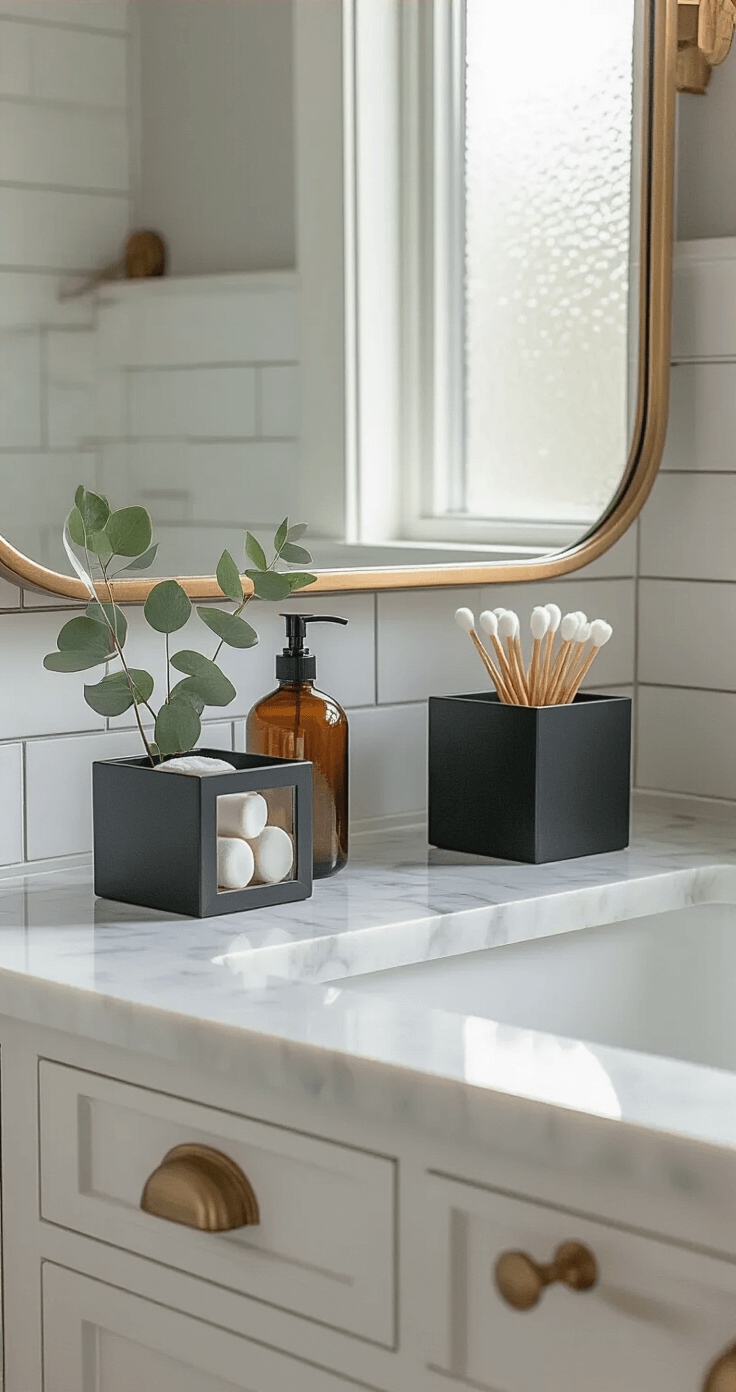 Display Cubes: The Ultimate Versatile Decor Solution for Modern Spaces Elegant bathroom vanity in a powder room with white marble and matte black accents, featuring luxury toiletries and a brass-framed mirror, illuminated by soft morning light.