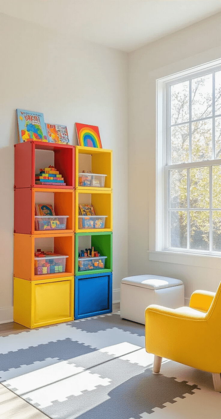 Display Cubes: The Ultimate Versatile Decor Solution for Modern Spaces A vibrant children's playroom corner filled with colorful modular display cubes containing toys and books, bright afternoon sunlight streaming through a large window, soft gray foam mats, a cheerful yellow accent chair, and a white storage ottoman.