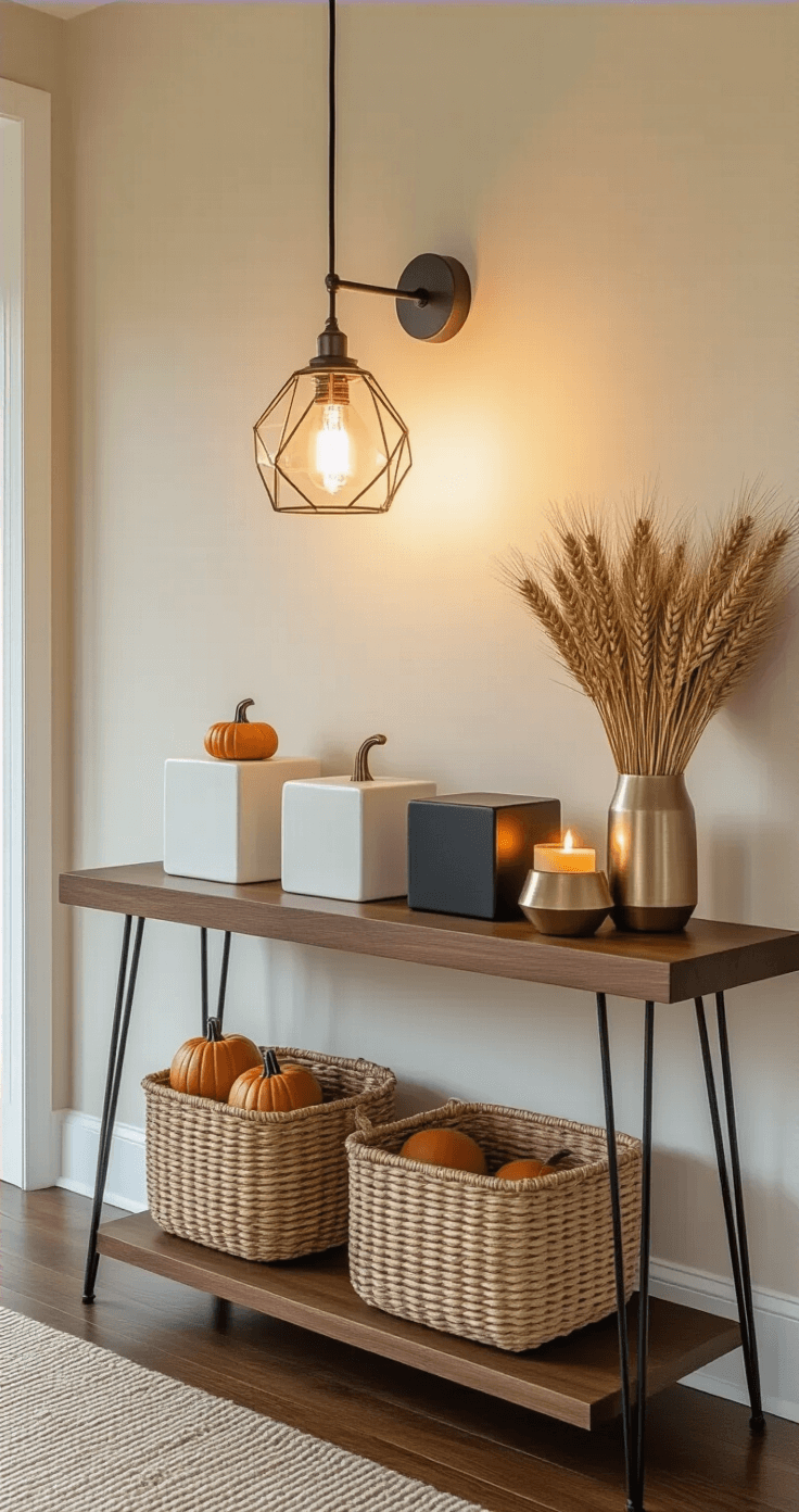 Display Cubes: The Ultimate Versatile Decor Solution for Modern Spaces Stylish entryway with a long walnut console table featuring hairpin legs, adorned with seasonal autumn decor including mini pumpkins, dried wheat, and warm-toned candles, set against cream walls and dark hardwood floors, illuminated by warm pendant lighting.