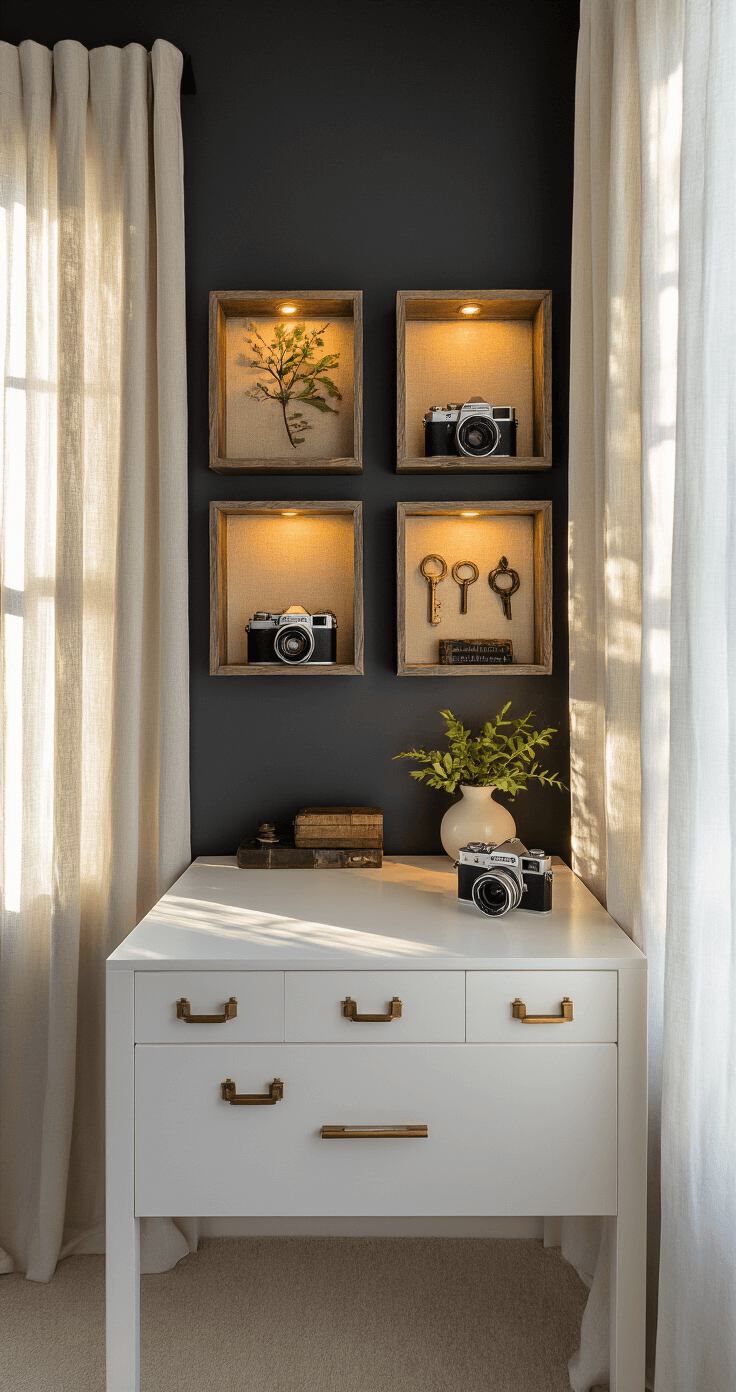 DIY Shadow Boxes: The Ultimate Guide for Creators and Home Decor Enthusiasts Wide-angle shot of a modern home office featuring a white desk against charcoal walls, illuminated by natural sunlight. Shadow boxes display vintage cameras, botanical specimens, and antique keys, with warm LED strip lighting. Textures include weathered wood, linen, and brass, creating a cozy atmosphere.