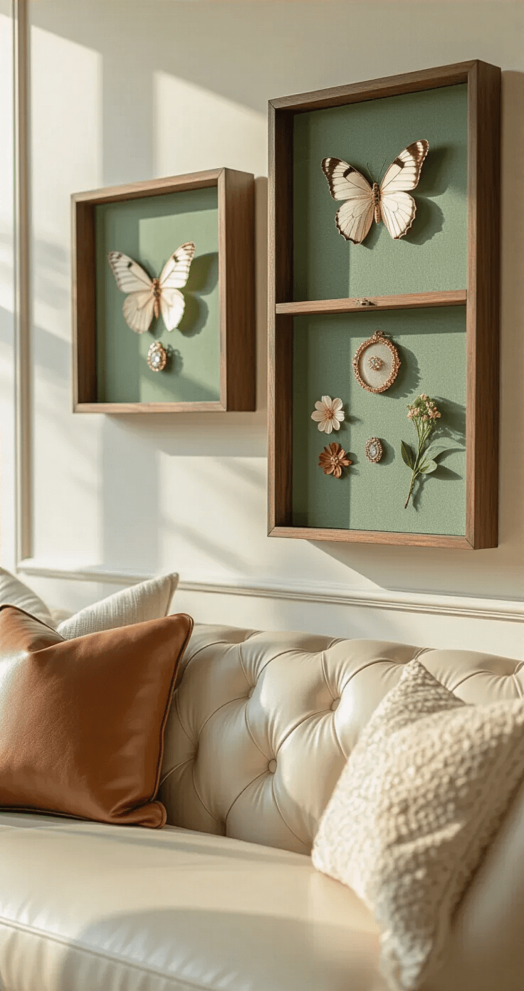 DIY Shadow Boxes: The Ultimate Guide for Creators and Home Decor Enthusiasts Close-up of a gallery wall in an elegantly styled living room featuring shadow boxes with delicate butterflies, vintage jewelry, and pressed flowers against sage green velvet. The decor includes cream leather furniture and copper accents, with soft morning light highlighting the textures and dimensional layering of the artwork.