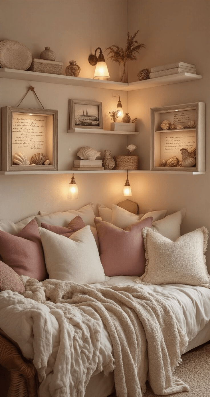 DIY Shadow Boxes: The Ultimate Guide for Creators and Home Decor Enthusiasts Cozy bedroom corner with warm lamplight, showcasing shadow boxes filled with travel mementos and seashells, complemented by textured linen backgrounds; dusty rose, cream, and gold color palette enhances intimacy, accompanied by soft throw pillows and a reading chair.