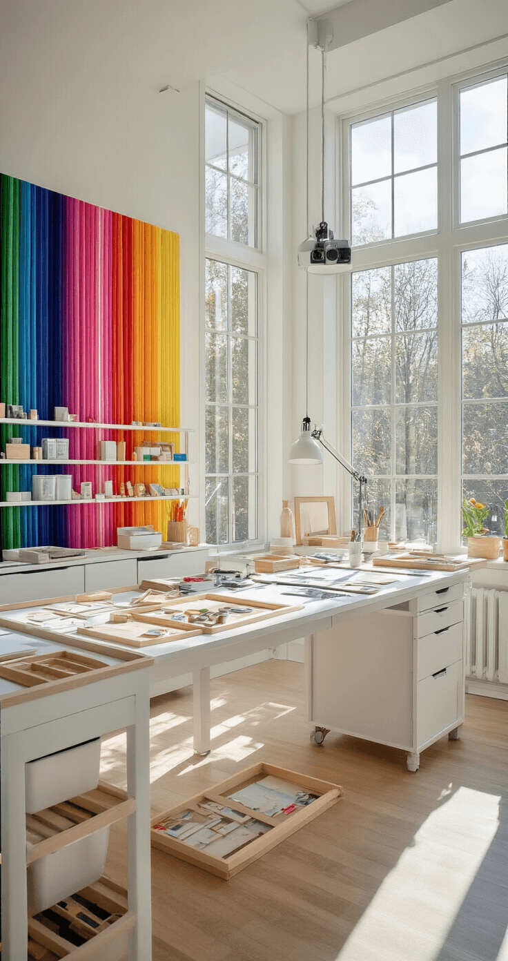 DIY Shadow Boxes: The Ultimate Guide for Creators and Home Decor Enthusiasts Bright craft room interior featuring floor-to-ceiling windows, a work table showcasing shadow box creation, scattered materials, LED strips, and a color-coded organization system against a rainbow backdrop. Clean and minimalist with white furniture and pops of color, captured from an overhead angle.