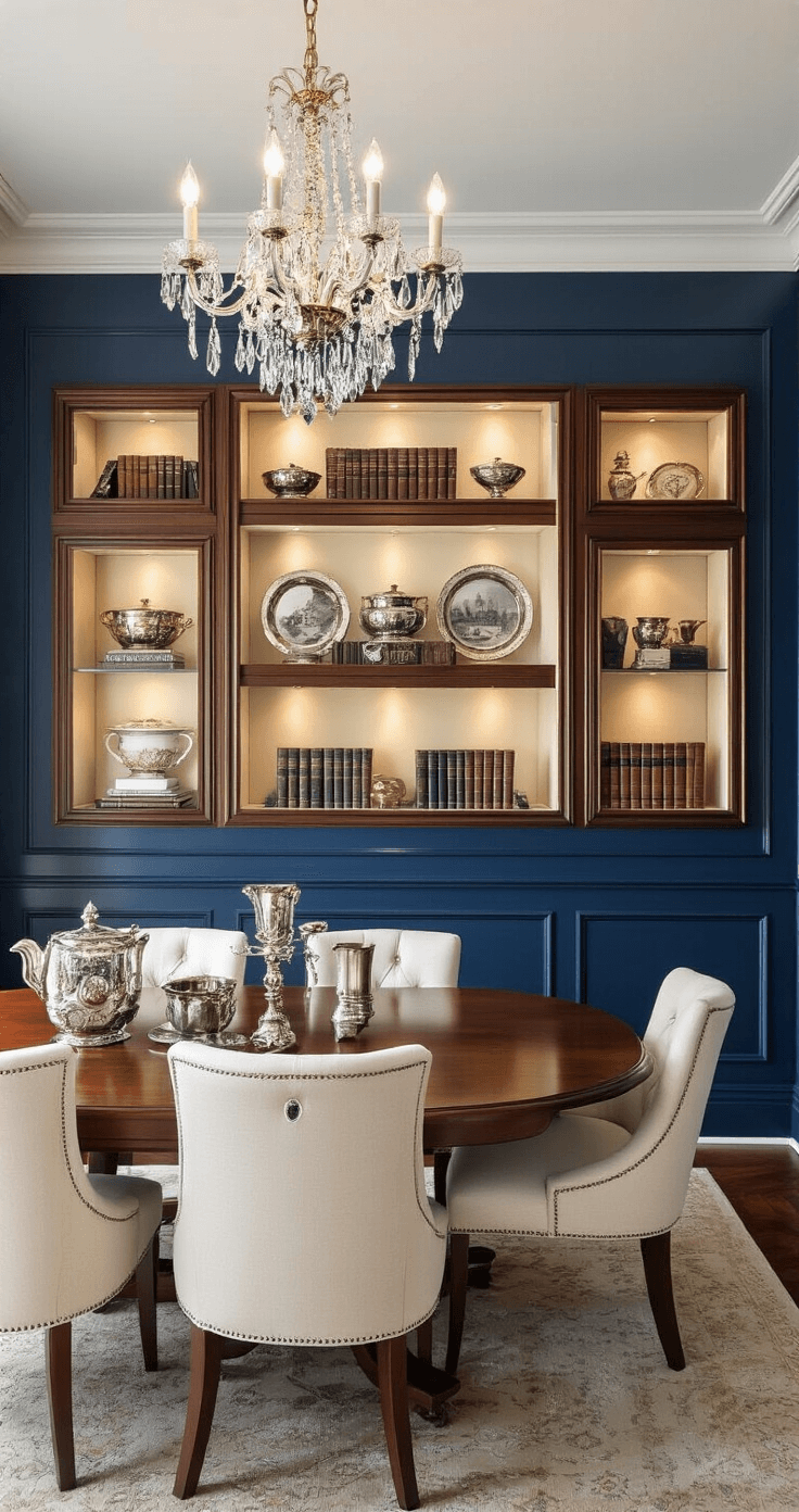 DIY Shadow Boxes: The Ultimate Guide for Creators and Home Decor Enthusiasts A sophisticated dining room featuring a deep navy accent wall adorned with a shadow box collection of vintage silver serving pieces, antique books, and family heirlooms in mahogany frames on cream silk backgrounds, illuminated by a crystal chandelier and individual box LEDs, with a mahogany dining table and cream upholstered chairs enhancing the elegant atmosphere.