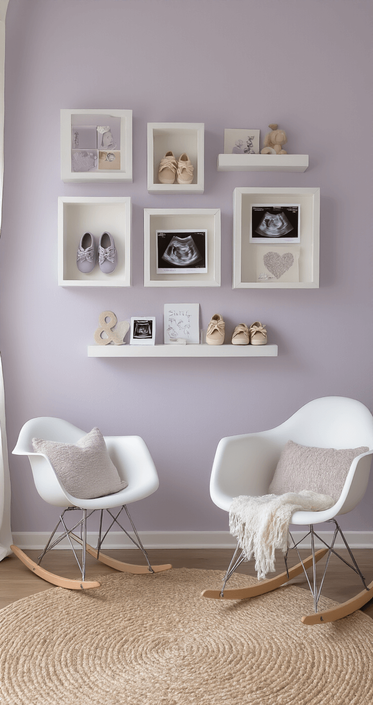 DIY Shadow Boxes: The Ultimate Guide for Creators and Home Decor Enthusiasts A contemporary nursery with soft lavender walls, featuring whimsical shadow boxes filled with baby shoes, ultrasound photos, and milestone cards, complemented by white floating shelves and a natural fiber rug, illuminated by gentle morning light filtering through gauze curtains.