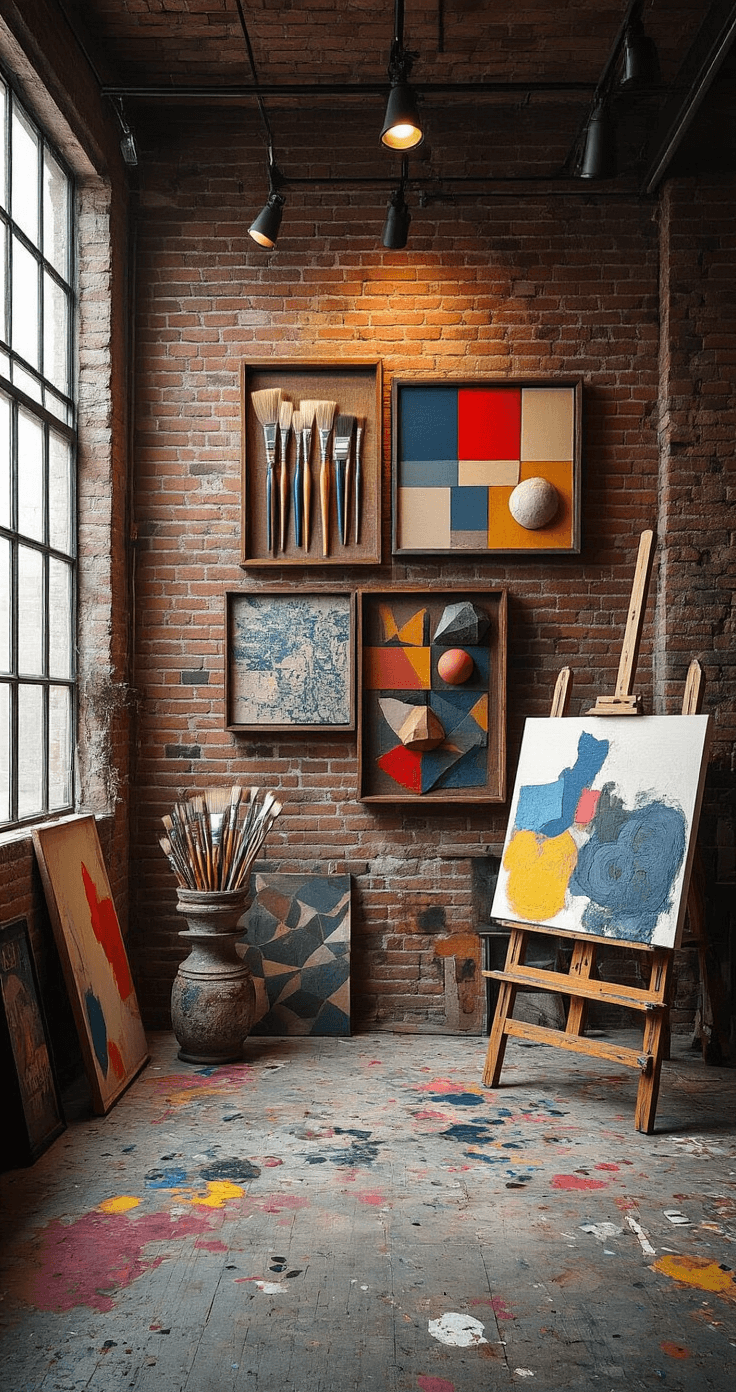 DIY Shadow Boxes: The Ultimate Guide for Creators and Home Decor Enthusiasts Eclectic artist studio featuring exposed brick walls adorned with bold shadow box installations and mixed media artworks, illuminated by industrial track lighting and natural light from large windows, with a vintage easel and paint-splattered floors enhancing the creative atmosphere.