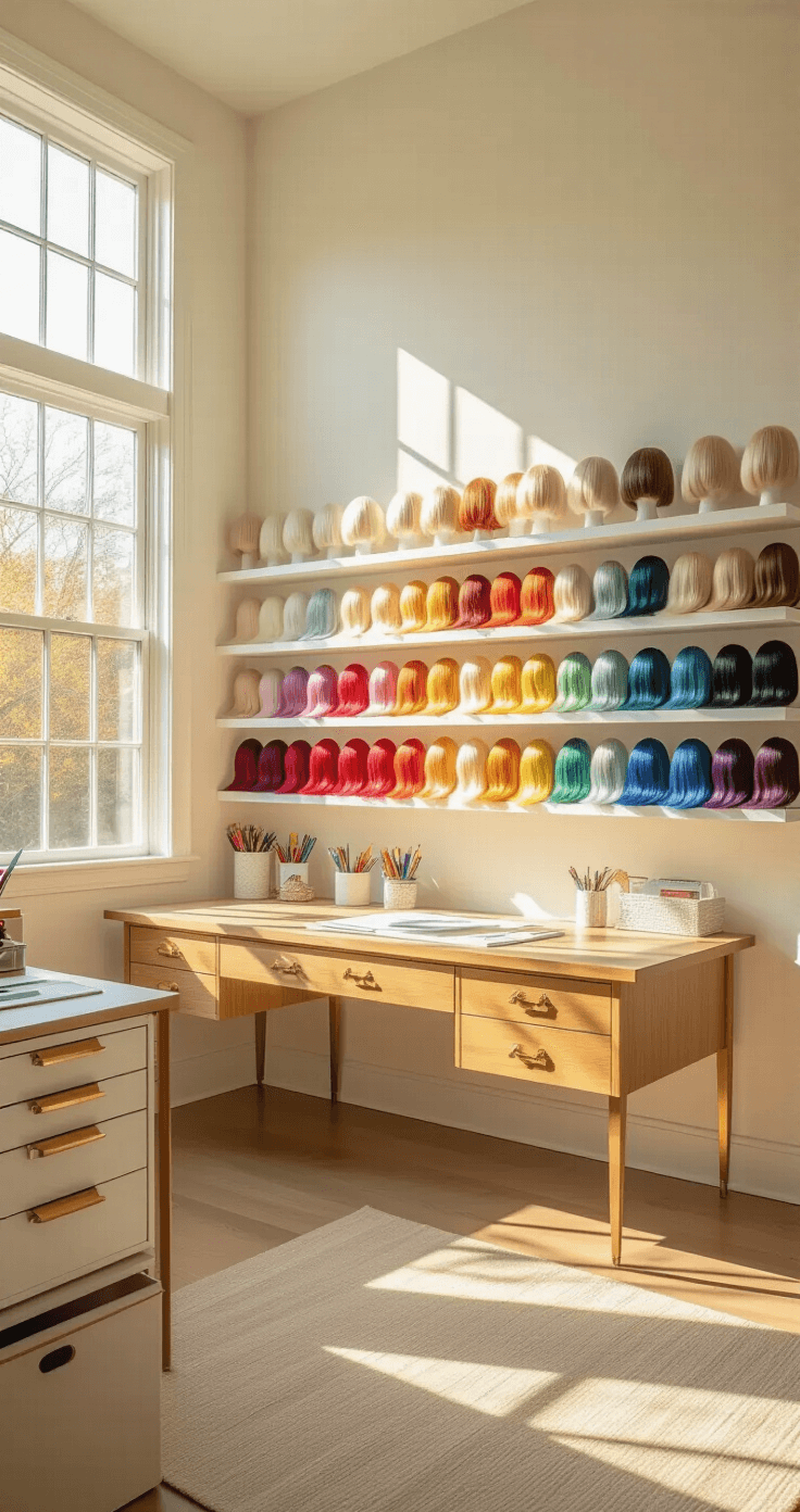 Color-Coded Cosplay: The Ultimate Guide to Organizing Your Craft Supplies Wide-angle shot of a serene craft room with golden hour sunlight, featuring organized rainbow-sorted wigs on white floating shelves, a mid-century modern wooden desk, and soft shadows on pearl-white walls, all in a clean Scandinavian aesthetic.