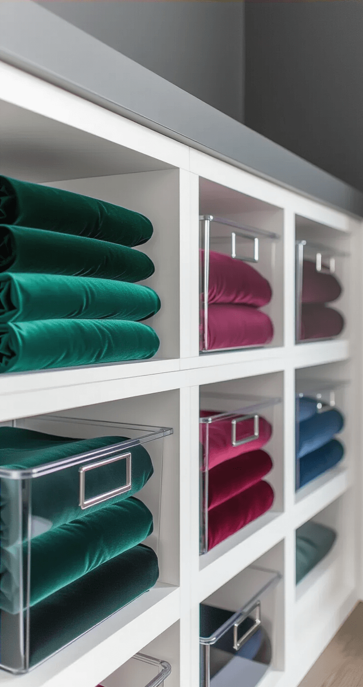 Color-Coded Cosplay: The Ultimate Guide to Organizing Your Craft Supplies Eye-level close-up of a modular white cube shelving system against a charcoal gray wall, displaying organized stacks of emerald silks, ruby velvets, and sapphire cottons in clear acrylic bins, highlighted by brushed nickel hardware and cool LED lighting.