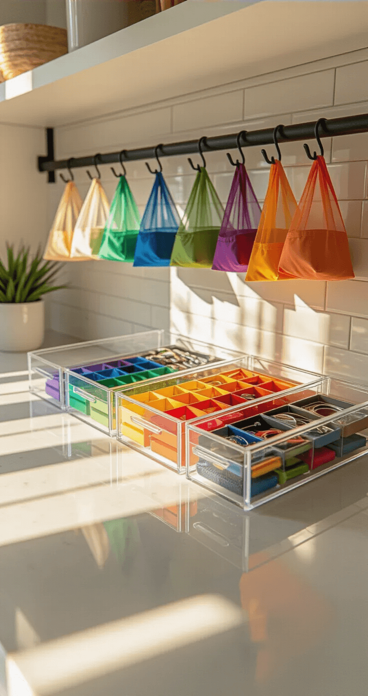 Color-Coded Cosplay: The Ultimate Guide to Organizing Your Craft Supplies A well-organized craft station featuring acrylic drawer units filled with sorted accessories, illuminated by golden late afternoon light. Colorful organza bags hang from a black metal pegboard above a white quartz countertop, with crisp under-cabinet lighting enhancing the tidy, modern industrial design.