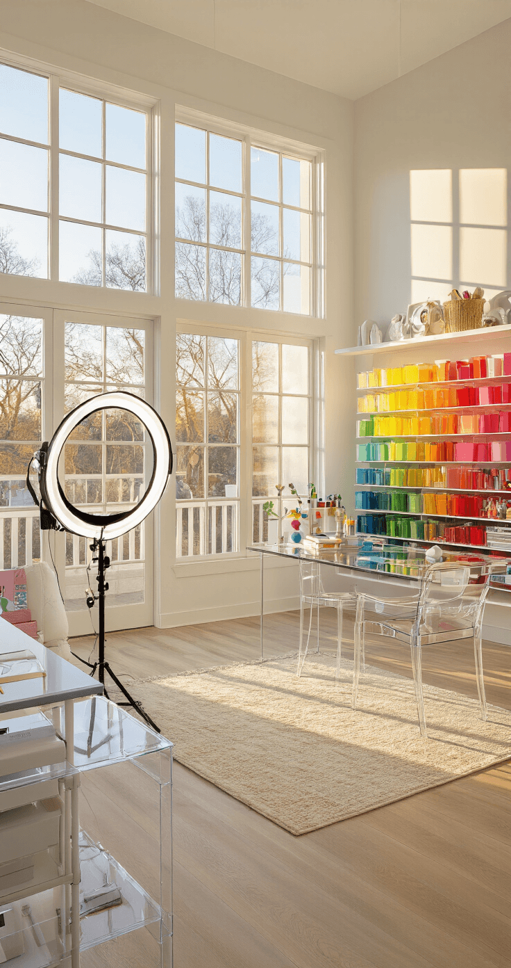 Color-Coded Cosplay: The Ultimate Guide to Organizing Your Craft Supplies A beautifully organized craft room with floor-to-ceiling windows, bathed in golden natural light during magic hour. Color-coded supplies against crisp white walls create a vibrant backdrop, while modern acrylic furniture enhances the aesthetic.
