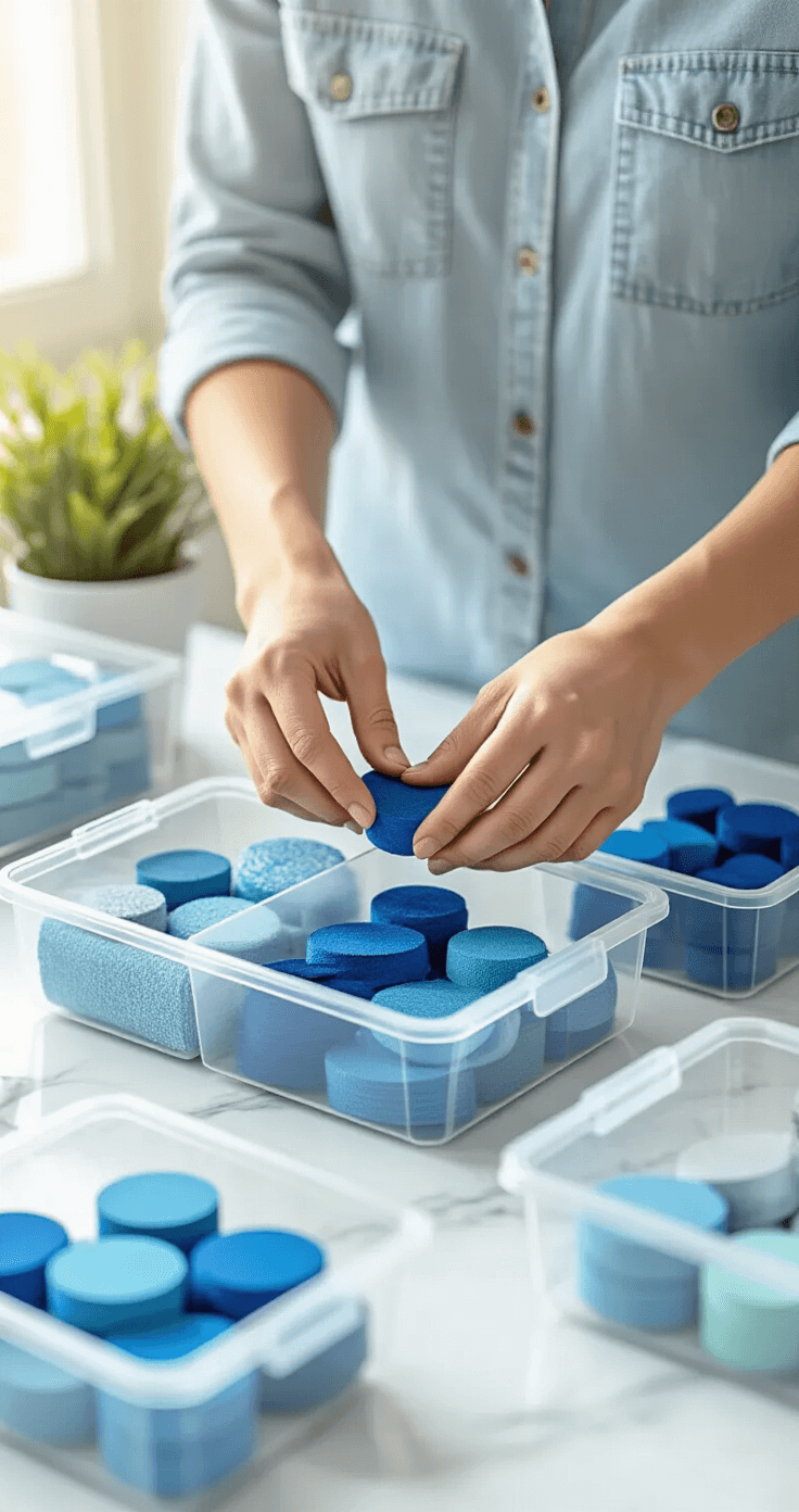Color-Coded Cosplay: The Ultimate Guide to Organizing Your Craft Supplies Close-up of hands sorting blue-toned supplies on a white marble surface during a quarterly organization audit, with clear storage containers and a donation pile nearby, captured in natural afternoon light for a clean, documentary-style look.