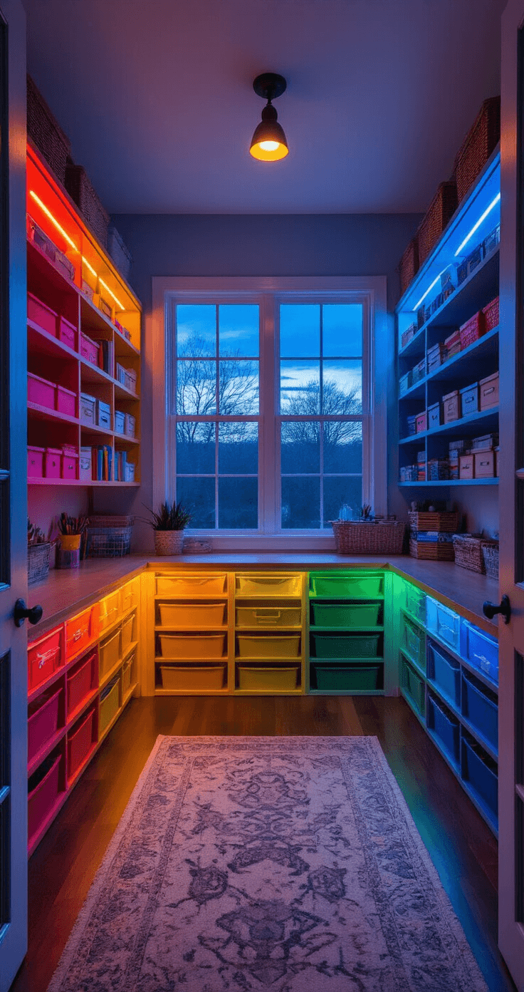 Color-Coded Cosplay: The Ultimate Guide to Organizing Your Craft Supplies Atmospheric wide shot of a meticulously organized craft room with color-coded supplies in rainbow gradients, warm LED lighting creating a cozy glow, showcased from the doorway during twilight.