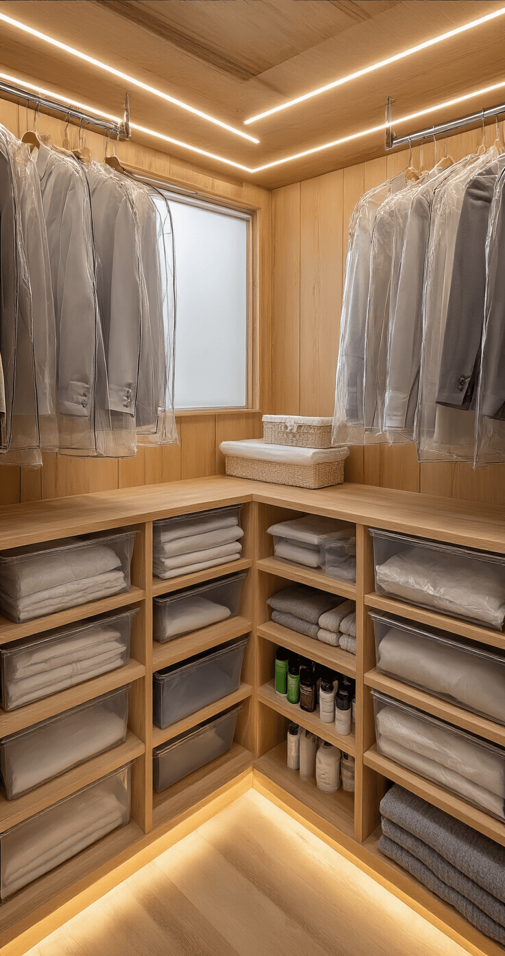 Spacious walk-in closet with cedar wood walls, soft LED lighting, premium garment bags on chrome rods, clear storage containers on shelves, and natural light from a frosted window illuminating organized fabric care supplies.