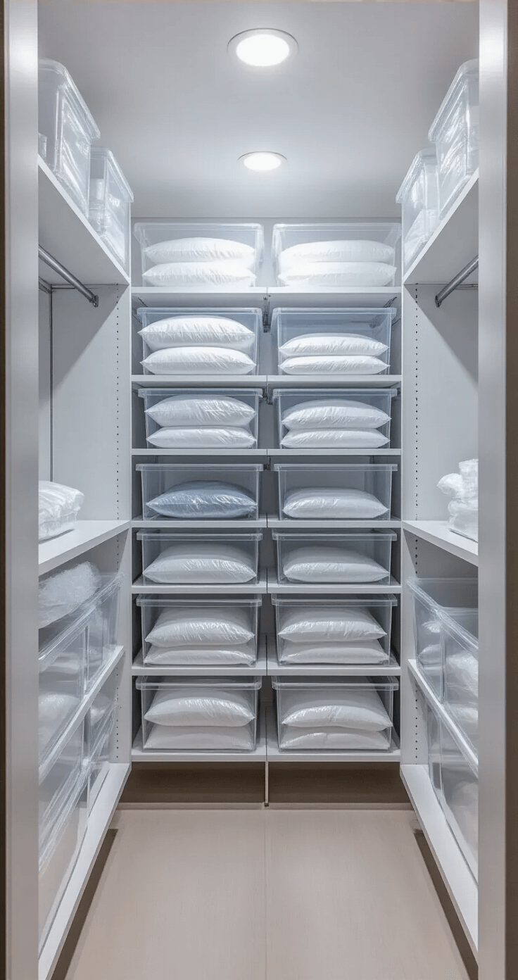 Modern minimalist storage closet featuring bright daylight illumination, wall-mounted clear acrylic storage containers, vacuum-sealed bags on lower shelves, and brushed steel organizational systems. The space showcases spotless surfaces with silica gel packets, emphasizing efficient space-saving solutions in a cool white and transparent color scheme.