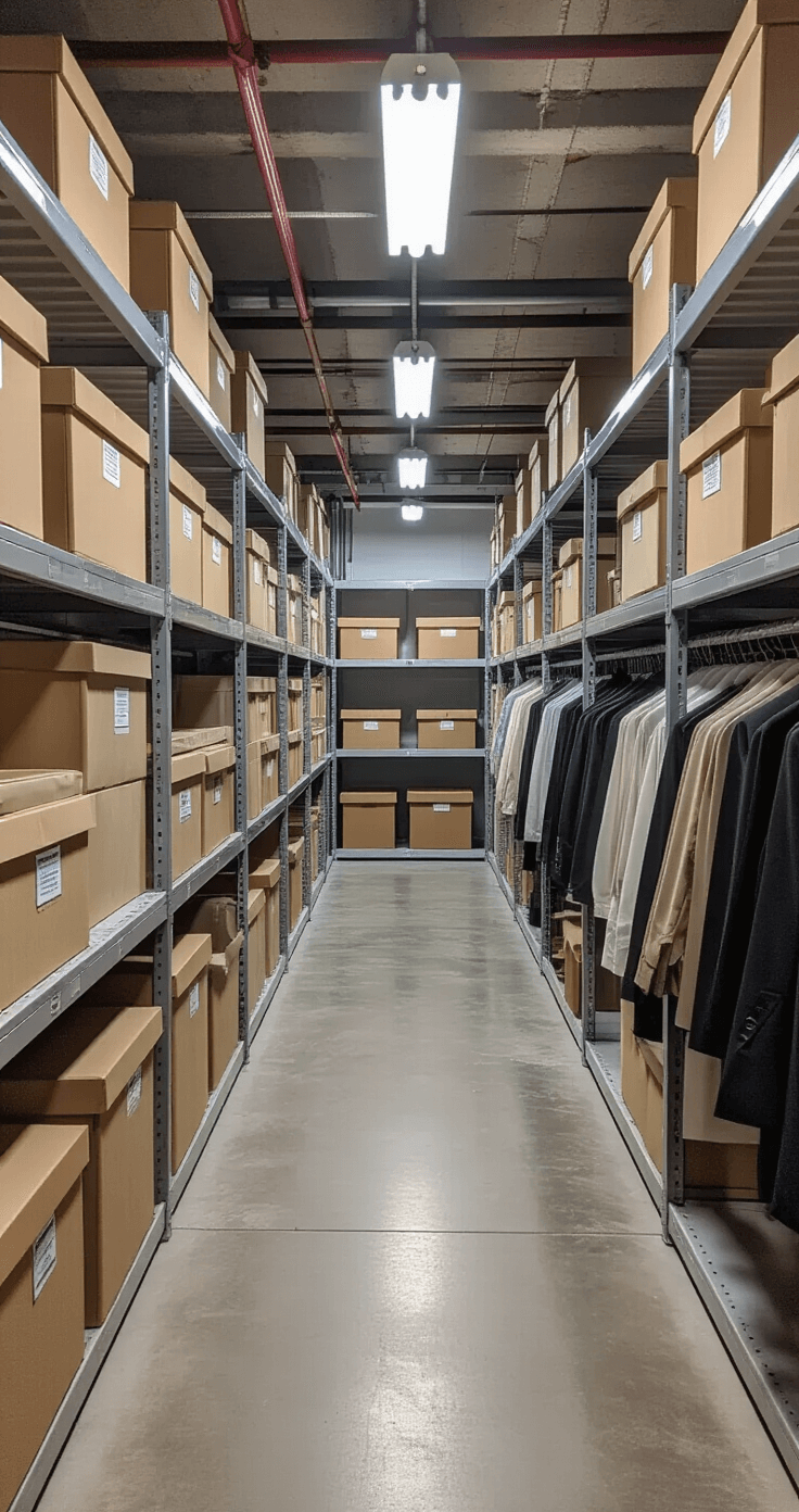 Climate-controlled basement storage room with industrial-grade shelving, labeled storage boxes, and professional garment racks. Visible humidity and temperature monitoring equipment in a clean, neutral gray and white space, highlighting a serious approach to costume collection preservation.