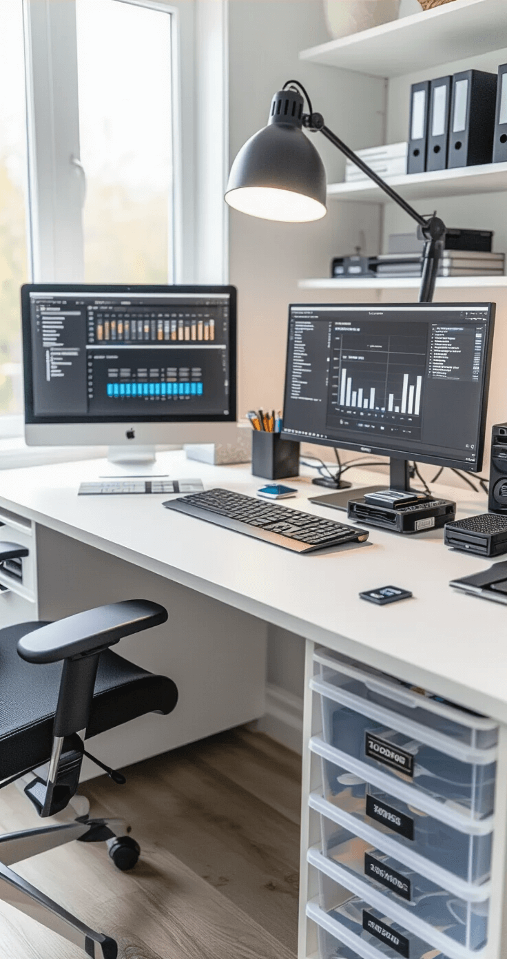 Sophisticated home office converted into a digital costume inventory workspace, featuring a modern computer setup, NFC tags, and neatly labeled containers, illuminated by soft desk lamp light and natural morning sunlight, emphasizing an organized and high-tech cataloging system.