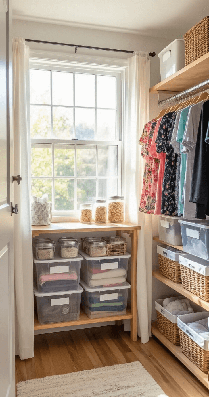 A well-organized budget-friendly bedroom with repurposed clothing racks covered by shower curtains for costume storage, clear plastic containers on wooden shelves, and labeled bins, all illuminated by bright afternoon sunlight.