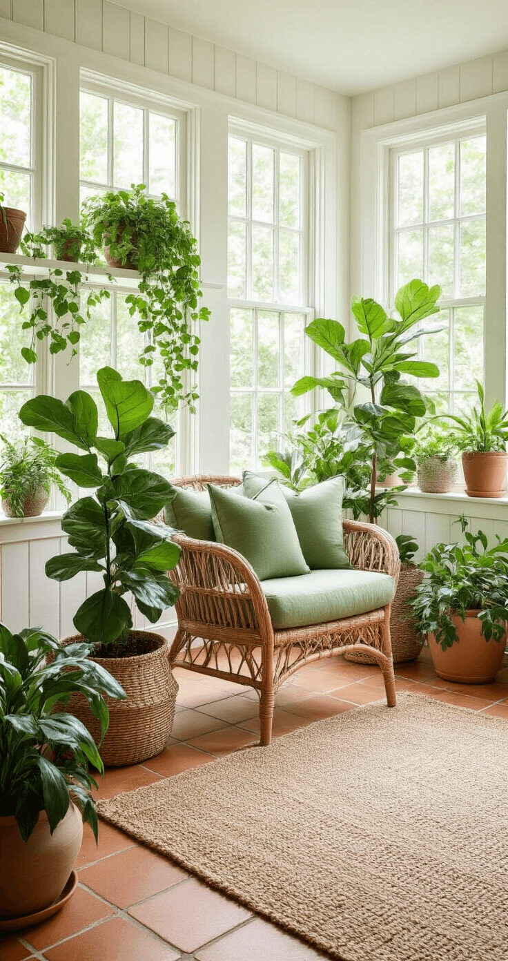Bright sunroom filled with greenery, featuring floor-to-ceiling windows, a rattan chair with sage green cushions, a fiddle leaf fig in a woven basket, and cascading pothos on floating shelves. The room has white shiplap walls, terracotta tile floors, and a jute rug, with fresh eucalyptus branches in a tall vase and ceramic planters of varying heights, all bathed in soft diffused lighting.