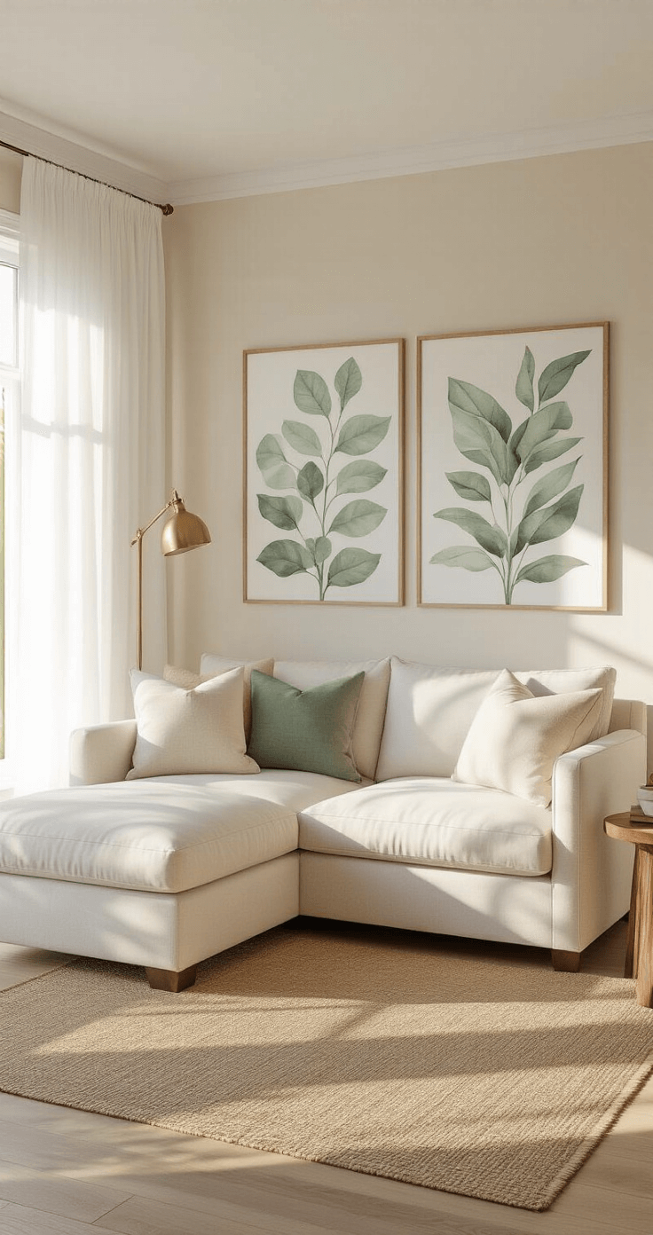 Wall Decal Decor: Transforming Spaces with Vinyl Magic Wide-angle shot of a bright 12x14ft living room filled with soft natural light, featuring a cream linen sectional sofa, botanical watercolor wall decals, whitewashed hardwood floors, and a jute area rug, with warm shadows enhancing the serene atmosphere.