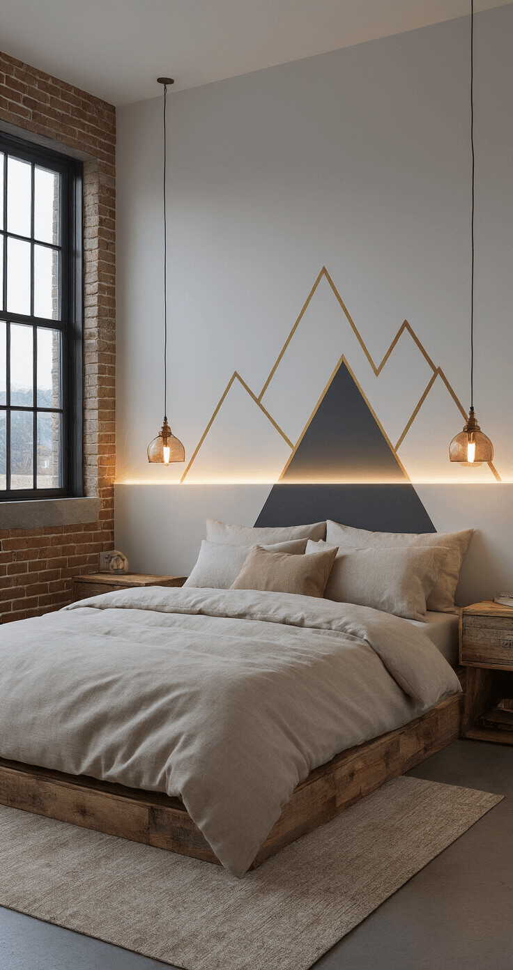 Wall Decal Decor: Transforming Spaces with Vinyl Magic A cozy compact bedroom featuring a platform bed with oatmeal linen bedding, geometric mountain range decals in charcoal and gold on the headboard wall, illuminated by soft LED strip lighting and copper pendant lights, against an exposed brick accent wall and industrial black window frames, captured during blue hour twilight.