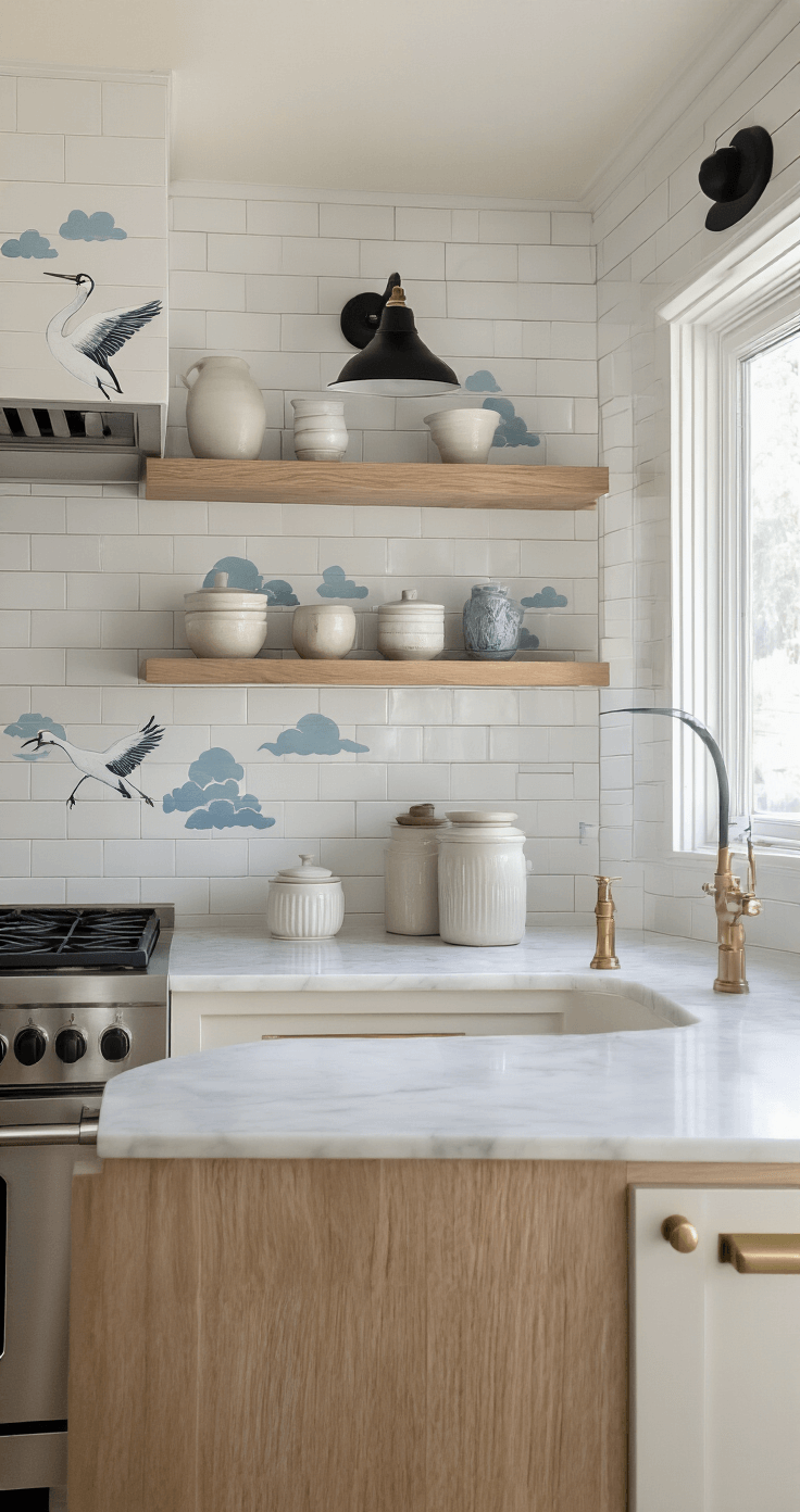 Wall Decal Decor: Transforming Spaces with Vinyl Magic Close-up of a galley kitchen featuring white subway tiles with crane and cloud decals, a marble waterfall island, matte black fixtures, and brass cabinet hardware. Natural oak floating shelves hold ceramic vessels, illuminated by soft natural light from frosted glass windows.