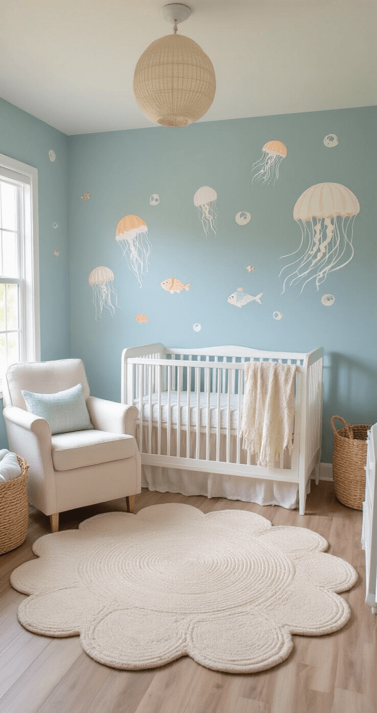 Wall Decal Decor: Transforming Spaces with Vinyl Magic Overhead view of a dreamy 8x10ft nursery in soft morning light, featuring whimsical jellyfish and sea creature decals on a powder blue wall, a white crib with a natural linen mobile, a cream gliding chair, woven seagrass baskets, and light oak flooring with a cloud-shaped area rug.
