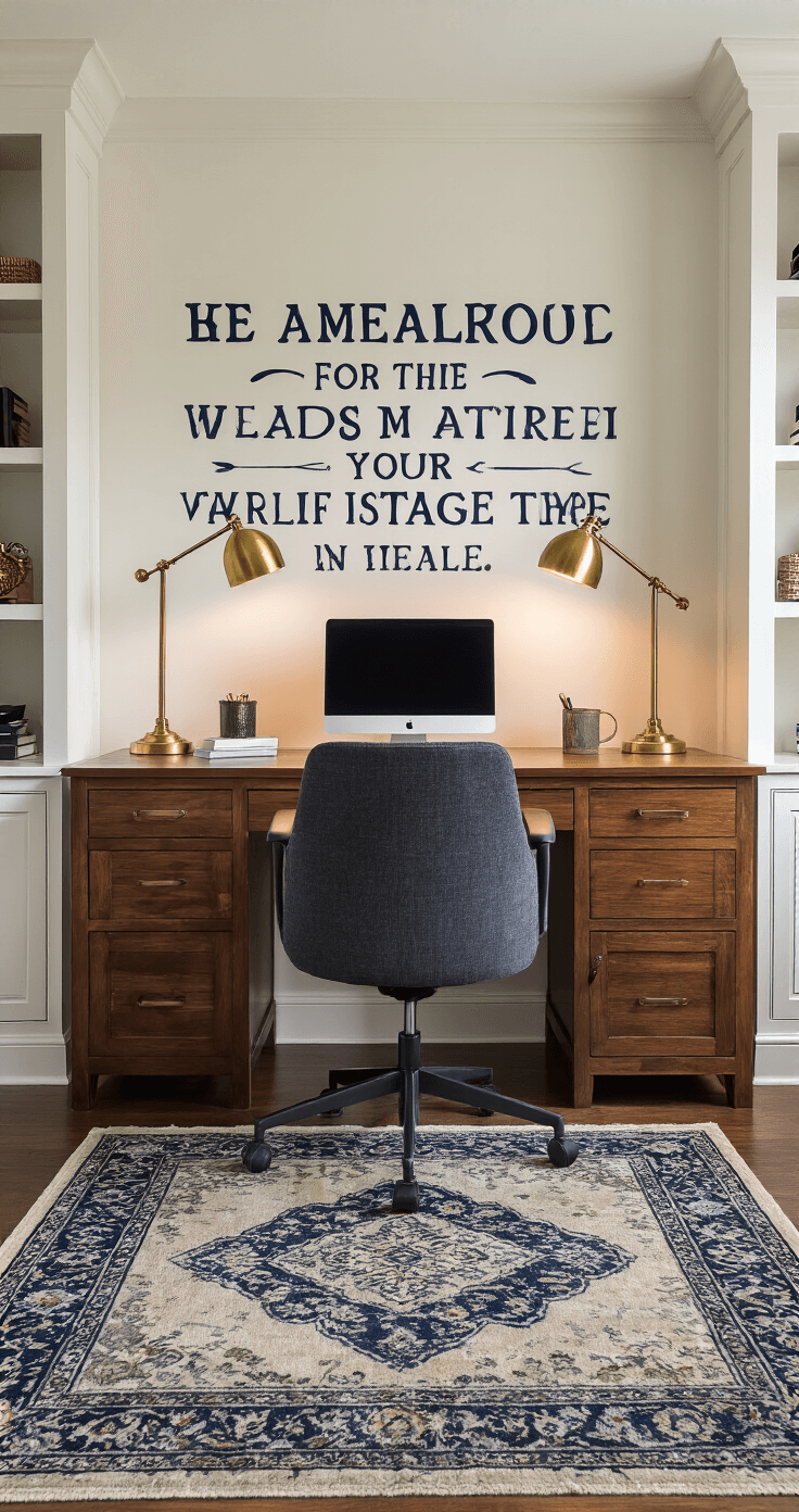 Wall Decal Decor: Transforming Spaces with Vinyl Magic A cozy home office featuring a gallery wall of motivational navy typography decals, a rich walnut desk, an ergonomic charcoal chair, and brass task lighting. Floor-to-ceiling built-ins in warm white complement a Persian rug in navy and cream. The scene captures a sophisticated workspace illuminated by both warm desk lamp light and cool natural light from the window.