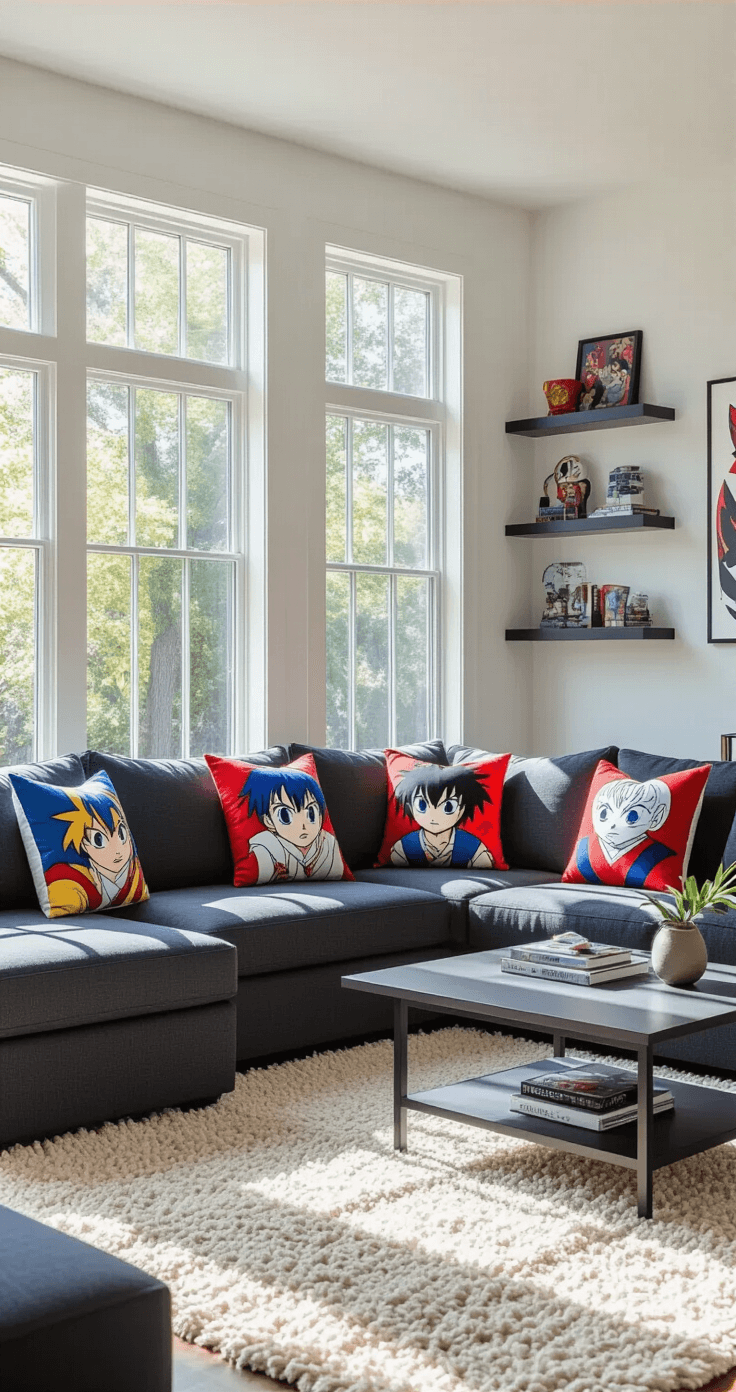 Fandom-Inspired Throw Pillows: Transform Your Space with Nerdy Personality Wide-angle view of a modern living room featuring a charcoal sectional sofa adorned with vibrant anime throw pillows, while afternoon sunlight filters through large windows. The room showcases a deep navy, electric blue, and cherry red color palette, complemented by a sleek coffee table and a textured cream rug. Warm white walls support floating shelves filled with collectibles, and the pillows are arranged asymmetrically for a bright, airy ambiance.