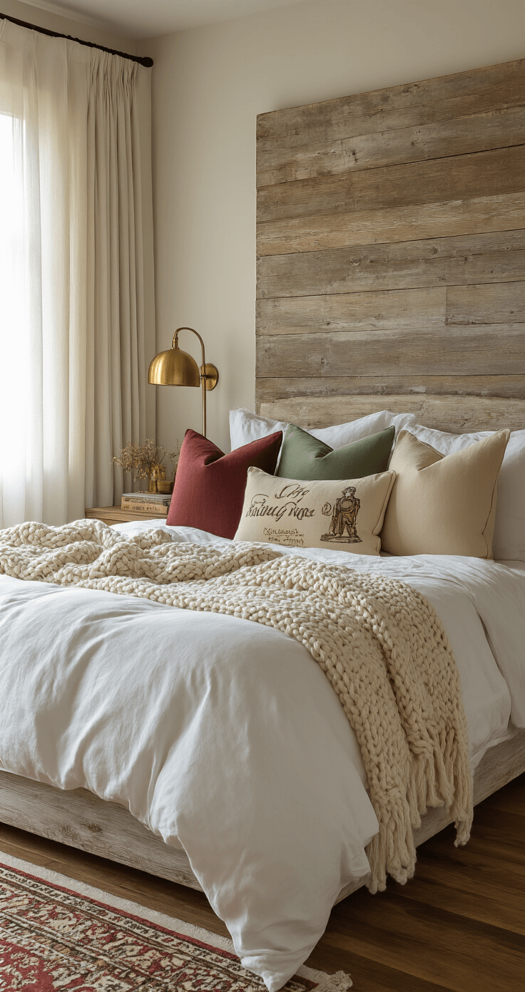 Fandom-Inspired Throw Pillows: Transform Your Space with Nerdy Personality Close-up view of a cozy bedroom corner showcasing an unmade bed with white linens and fandom-themed throw pillows against a rustic wooden headboard, illuminated by golden hour light filtering through sheer curtains. A chunky knit throw is artfully draped, and a bedside table features a warm brass lamp, all set on hardwood floors with a Persian-style area rug, creating a soft and intimate atmosphere.