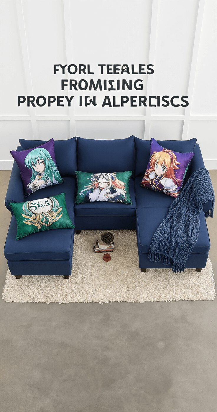 Fandom-Inspired Throw Pillows: Transform Your Space with Nerdy Personality Overhead view of a navy blue sectional sofa adorned with six fandom-themed throw pillows in jewel tones, showcasing a stylish arrangement process with textured blankets and decorative objects on a clean white background.
