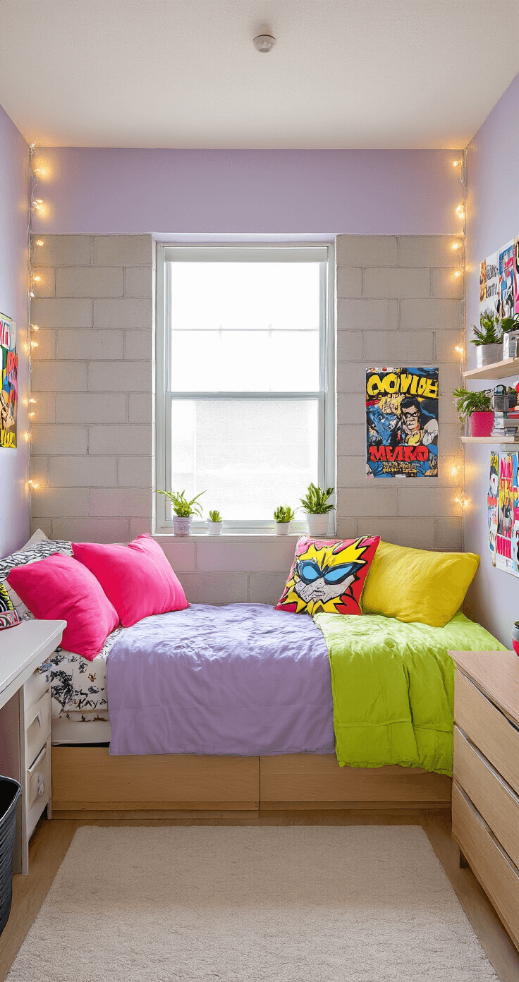 Fandom-Inspired Throw Pillows: Transform Your Space with Nerdy Personality A medium shot of a vibrant college dorm room featuring a twin XL bed against a soft lavender cinder block wall, illuminated by natural light from a small window. The room displays colorful removable pillow covers with pop culture themes, string lights, a collage of posters, and small plants, all arranged with budget-friendly compact furniture in a bright palette of hot pink, lime green, and sunshine yellow, creating an energetic youthful atmosphere.