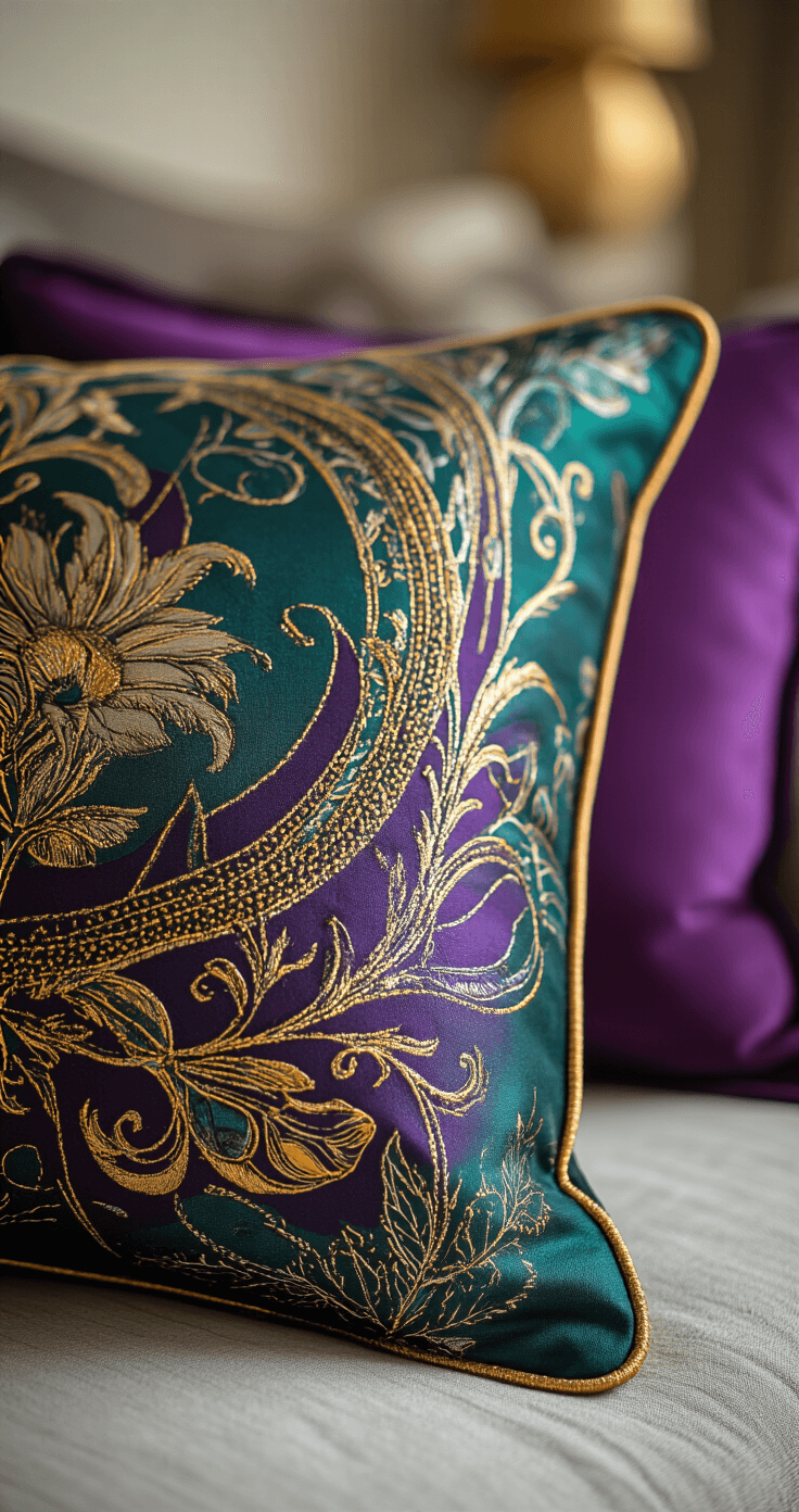 Fandom-Inspired Throw Pillows: Transform Your Space with Nerdy Personality Detailed macro image of a high-quality fandom pillow corner, showcasing intricate fabric texture, vibrant fantasy print with metallic thread details, and precise stitching, set against a softly blurred background of a styled room.