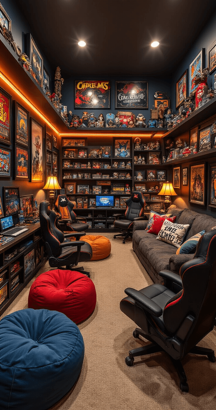 Fandom-Inspired Throw Pillows: Transform Your Space with Nerdy Personality Wide shot of a cozy fan cave featuring eclectic collectible displays, multiple seating areas with themed throw pillows, warm amber lighting, and a rich color palette of deep reds, midnight blues, and forest greens. The scene showcases organized chaos with curated collectibles on floating shelves, gaming chairs, bean bags, and a vintage couch, all viewed from the entrance for an inviting atmosphere.