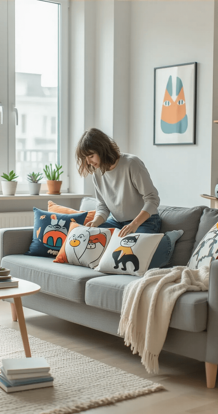 Fandom-Inspired Throw Pillows: Transform Your Space with Nerdy Personality A young adult styling decorative pillow covers with fandom designs on a modern gray sofa in a bright Scandinavian-inspired living room, featuring floor-to-ceiling windows and a fresh pastel color palette.