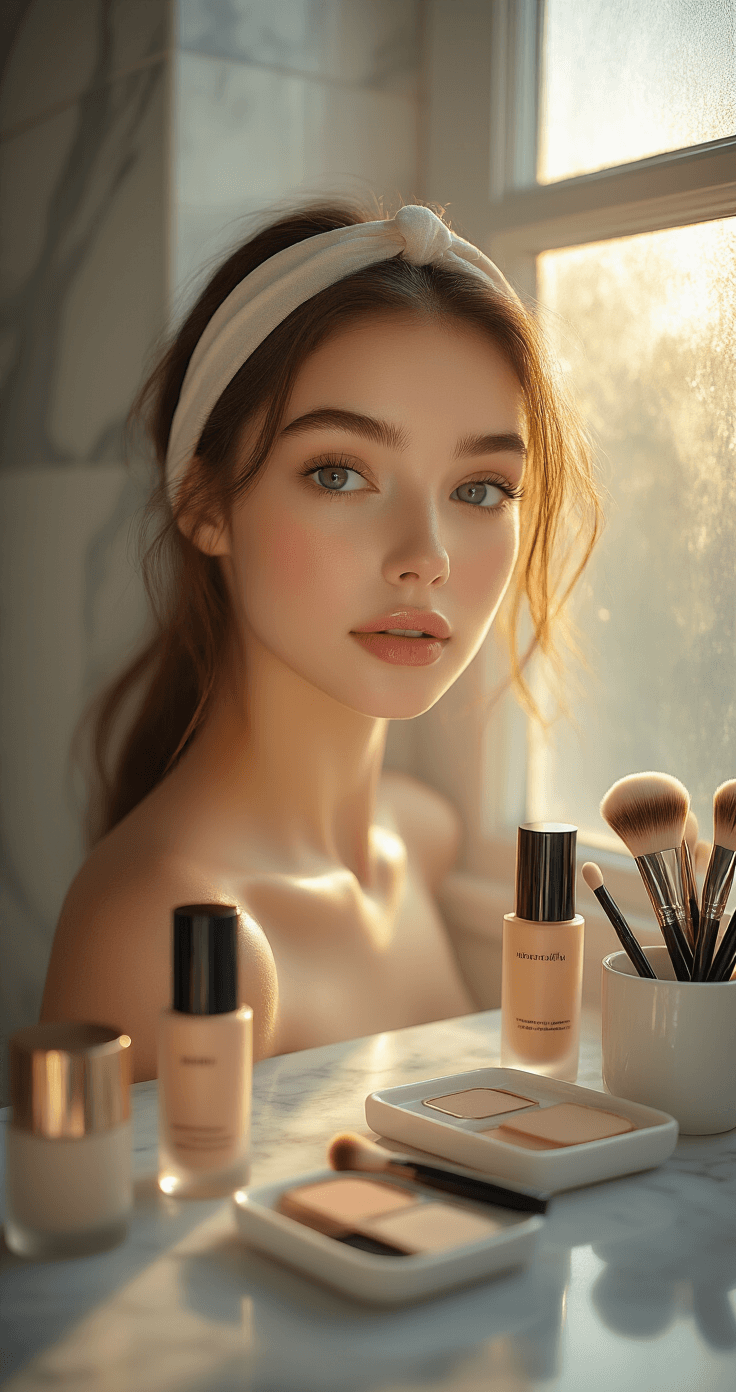 Photorealistic close-up of a young woman's face in soft natural lighting, showcasing flawless foundation for Jinx cosplay, surrounded by high-end makeup products in a bright minimalist bathroom.