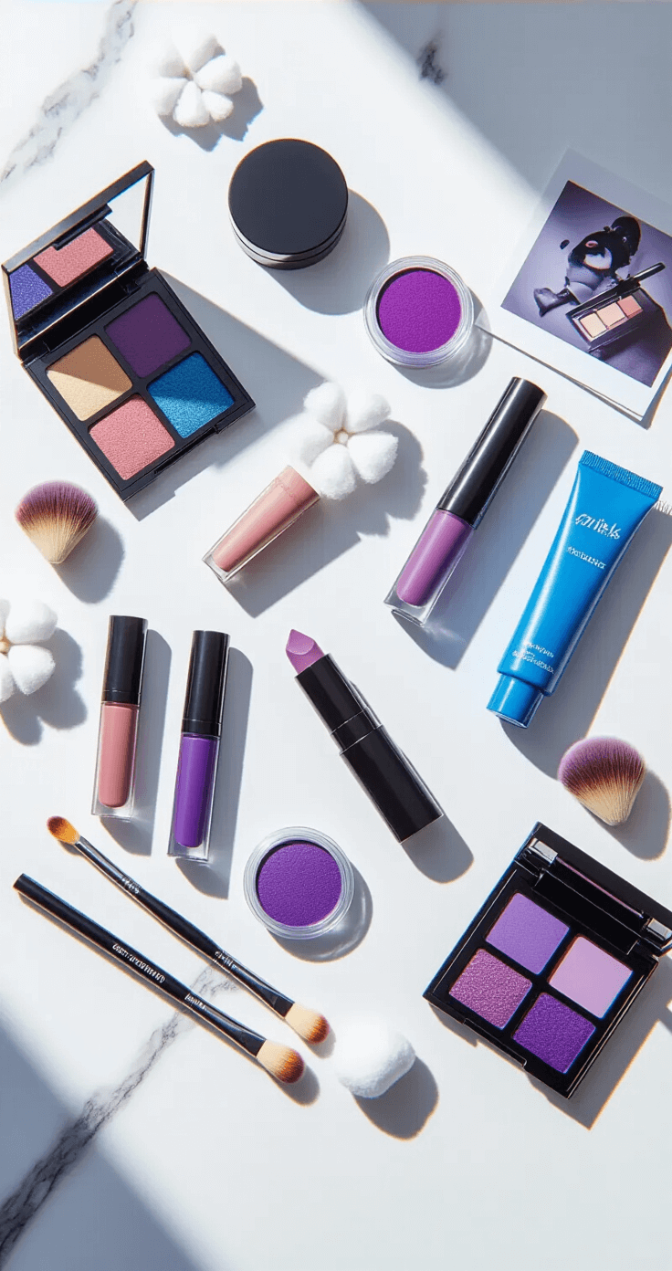 Flat-lay of Jinx cosplay makeup products including contour palettes, matte purple lipsticks, blue body paint, liquid eyeliners, and makeup brushes on a white marble surface, with soft natural lighting and decorative elements like cotton pads, sponges, eucalyptus branches, and a reference photo.