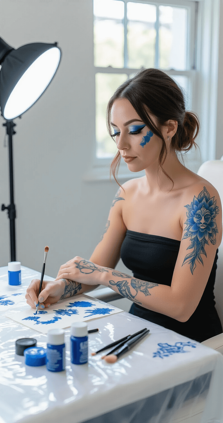 Macro photography of a makeup artist applying intricate blue tattoo designs on pale skin using precision brushes in a well-lit, organized studio.