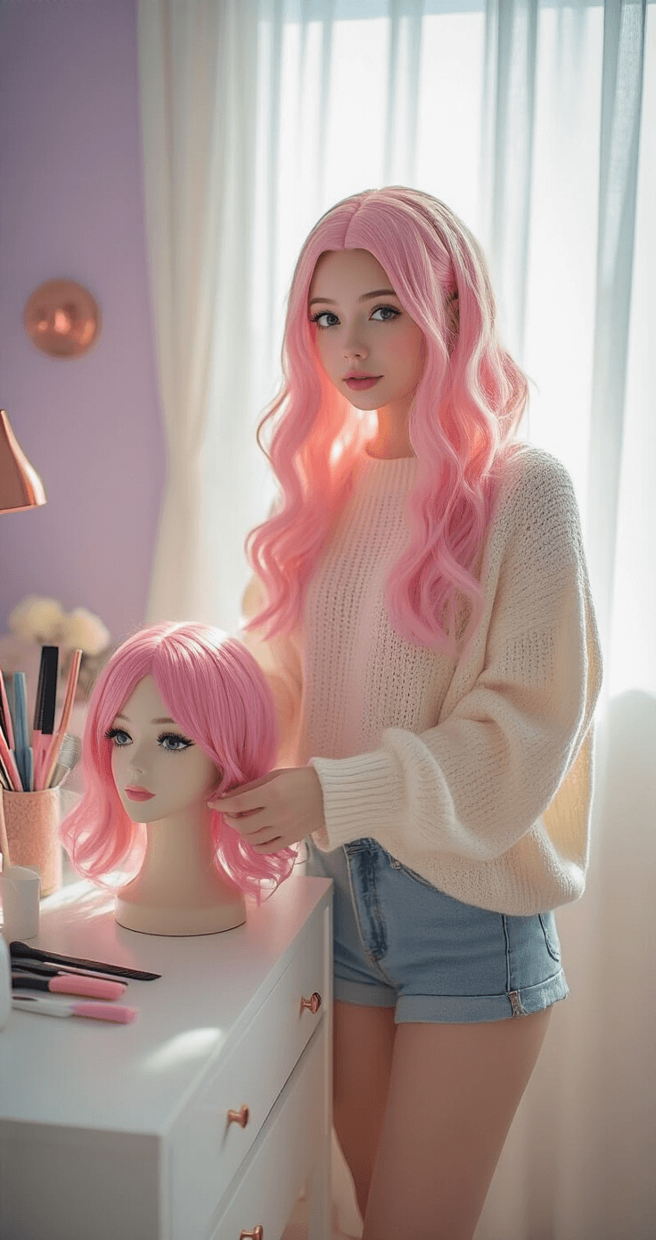 A young woman in her twenties styles a cotton candy pink cosplay wig on a mannequin head in a bright bedroom filled with morning sunlight. She wears an oversized cream knit sweater and high-waisted denim shorts, surrounded by organized wig styling tools and a laid out Sakura Haruno cosplay outfit.