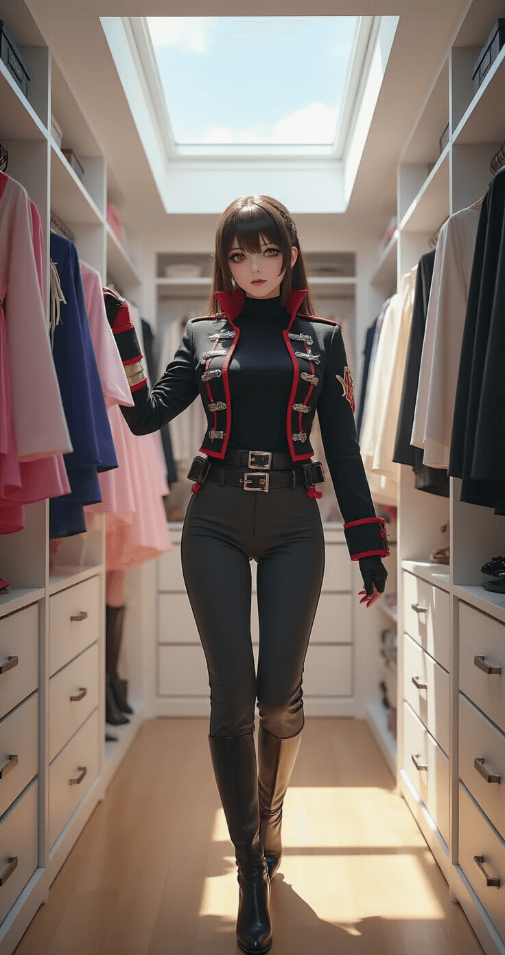 A spacious walk-in closet filled with anime-inspired outfits, showcasing a cosplayer in a chic monochrome outfit reaching for a dramatic black and red military-style jacket. The closet features various costumes on velvet hangers, color-coordinated accessories in clear organizers, and natural light creating beautiful shadows across the vibrant fabrics.