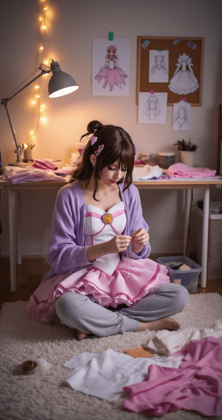 Epic Pink Hair Cosplay Characters: Your Ultimate Guide A dedicated cosplayer hand-sews intricate beadwork onto a magical girl dress in a cozy bedroom studio, illuminated by warm string lights and a desk lamp, surrounded by fabric swatches, sketches, and crafting supplies, with a partially completed costume displayed on a dress form.