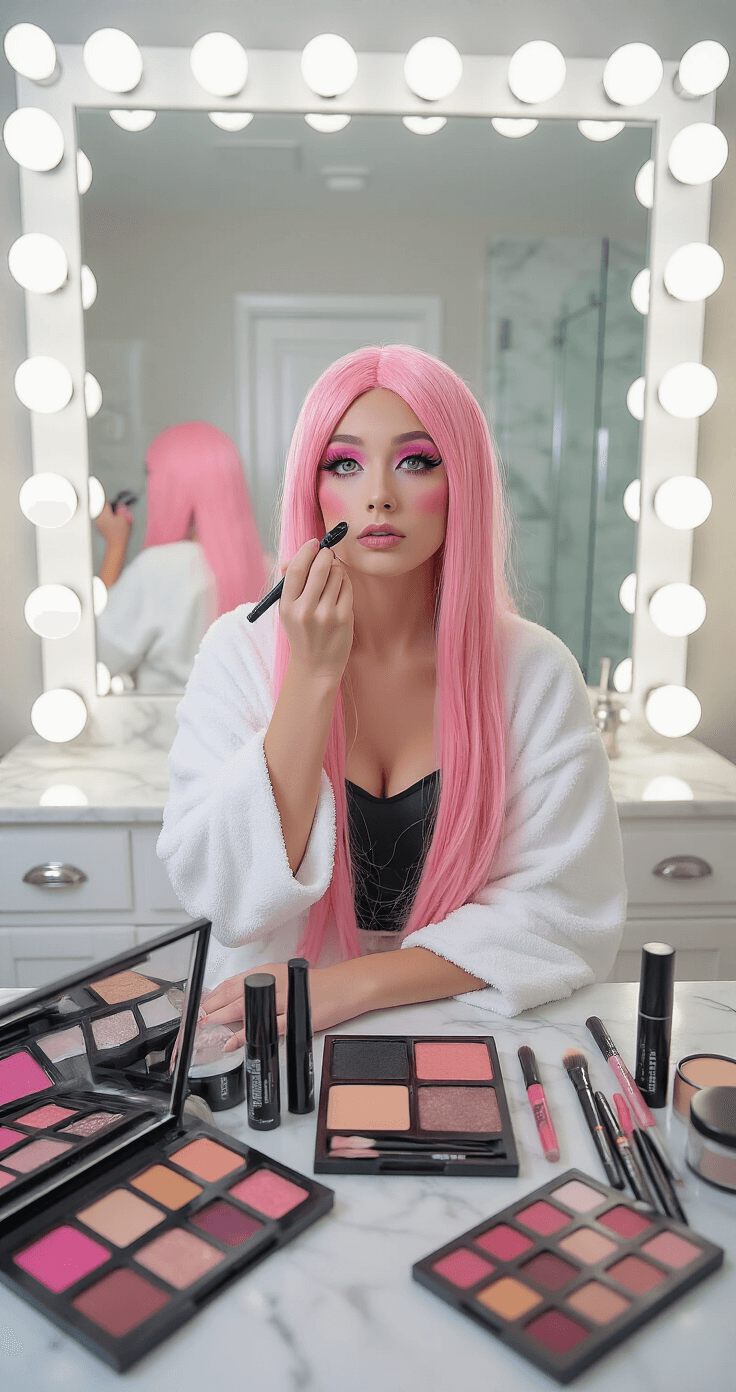 Epic Pink Hair Cosplay Characters: Your Ultimate Guide A young woman in a bright, modern bathroom applies character makeup to transform into Yuno Gasai, surrounded by makeup products on a white marble vanity, with a large mirror reflecting her focused expression and the vibrant pink eyeshadow matching her cotton candy pink wig.