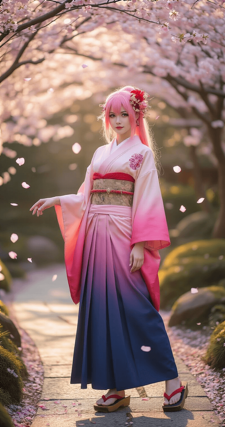 Epic Pink Hair Cosplay Characters: Your Ultimate Guide A cosplayer in a gradient pink kimono-style outfit poses gracefully on a wooden bridge over a koi pond in a Japanese garden, surrounded by cherry blossoms and traditional elements like stone lanterns and a bamboo water feature, with ethereal makeup and a decorative fan.