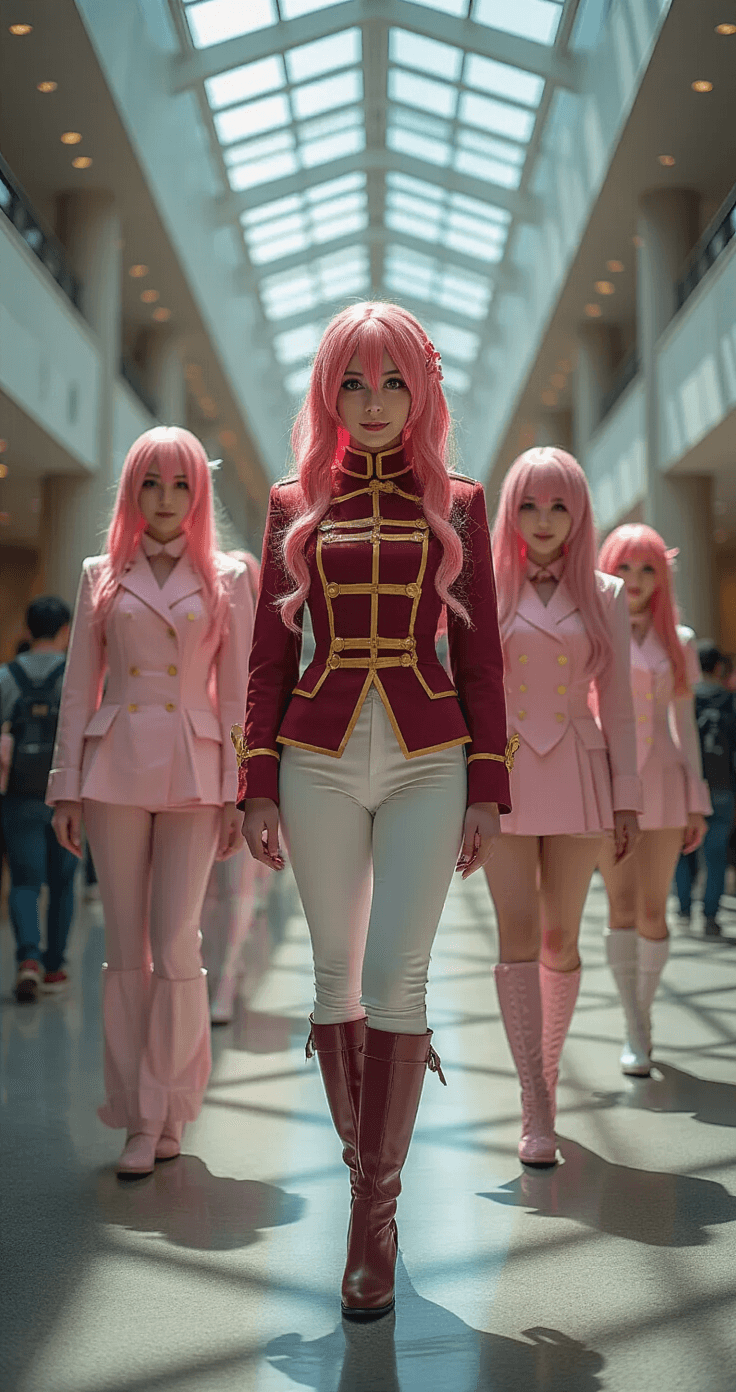 Epic Pink Hair Cosplay Characters: Your Ultimate Guide A group of friends in coordinated pink-themed cosplay poses in a bustling convention center hallway, highlighting a detailed Utena Tenjou costume with a burgundy military jacket and pink wig. The scene features polished concrete floors reflecting natural light, showcasing vibrant costume textures as they embody a cohesive visual story.