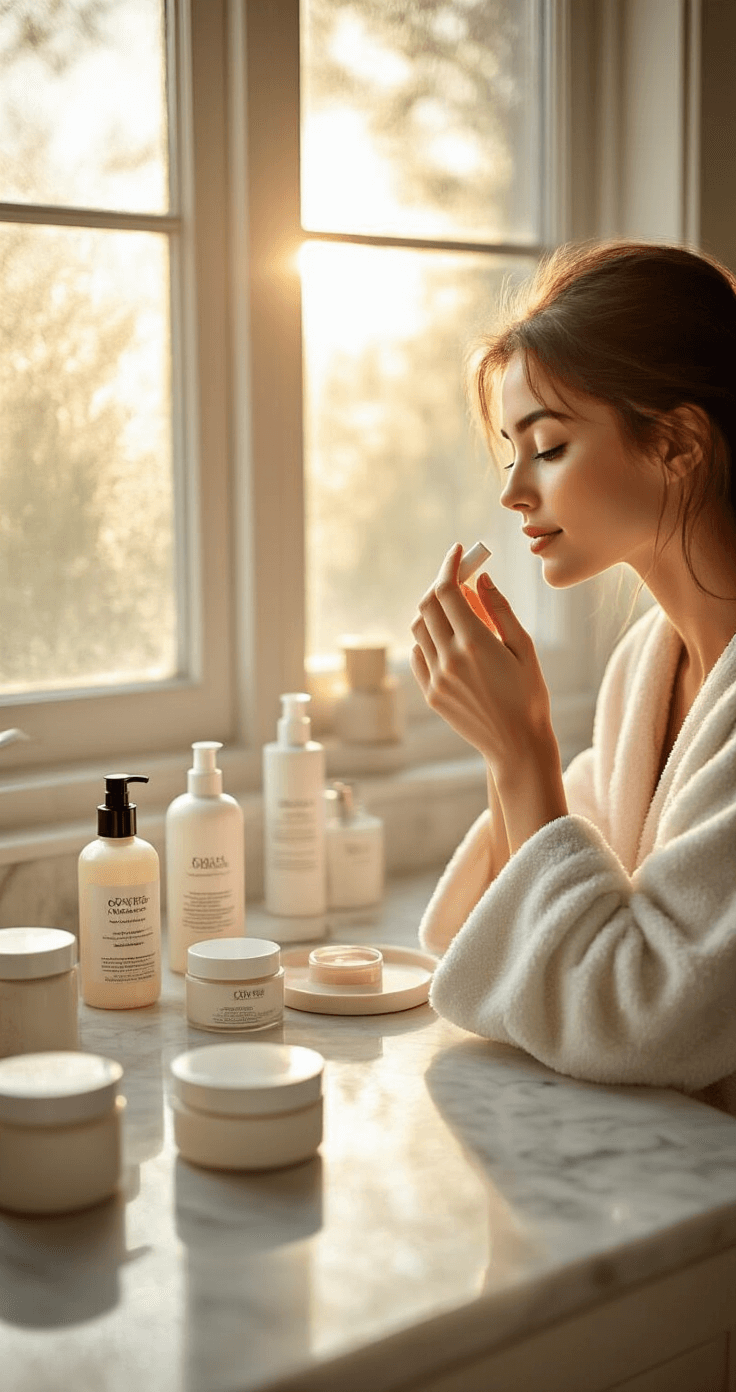 Easy Cosplay Makeup: Transform Your Look Like a Pro (Even for Beginners!) A young woman in a cozy cotton robe applies primer at a marble-topped vanity during golden hour, with soft sunlight filtering through frosted windows, surrounded by carefully arranged skincare and makeup products that highlight her fresh, dewy skin.