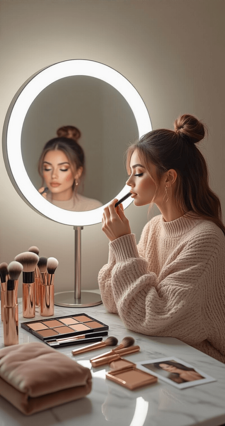 Easy Cosplay Makeup: Transform Your Look Like a Pro (Even for Beginners!) A young woman in an oversized sweater applies contour at a modern vanity, illuminated by a ring light. The marble surface is adorned with various contouring tools, blending brushes, and reference photos, while rich brown and taupe contour shades are visible alongside rose gold tools. The scene captures her focused expression, showcasing the intricate makeup application process.