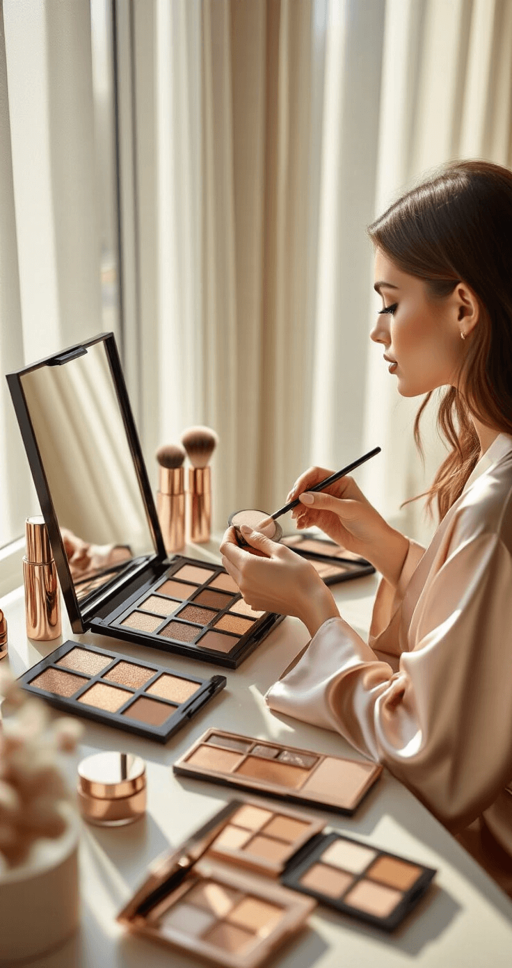 Easy Cosplay Makeup: Transform Your Look Like a Pro (Even for Beginners!) A young woman in a silk robe applies neutral eyeshadow at a contemporary vanity in a bright bedroom with floor-to-ceiling windows. Various eyeshadow palettes are open around her, featuring warm earth tones and rose gold accents, as she uses fluffy brushes to create detailed eye makeup, all captured from a slightly elevated angle.
