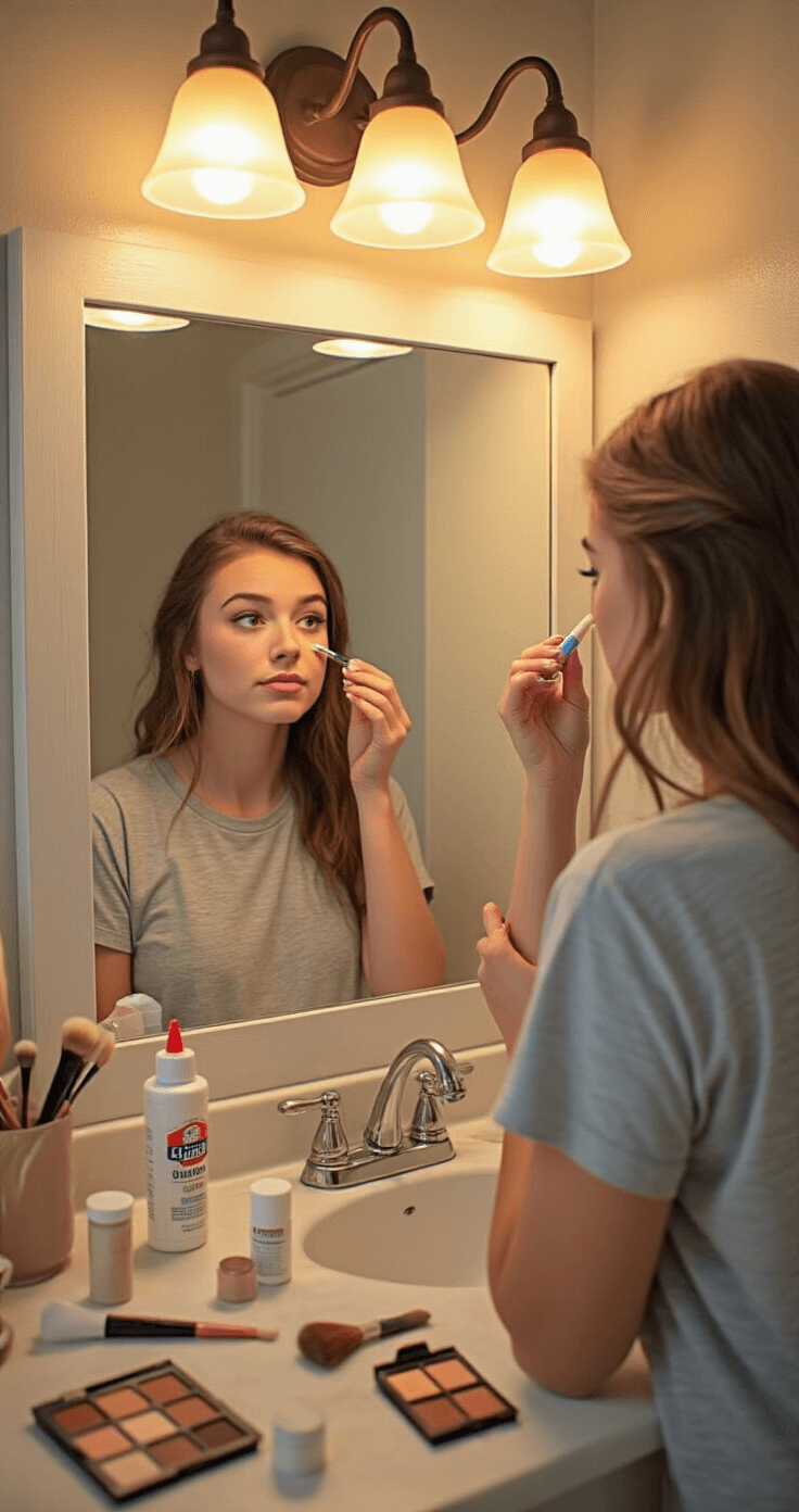 Easy Cosplay Makeup: Transform Your Look Like a Pro (Even for Beginners!) A young woman in a cotton t-shirt applies glue stick to her eyebrows in a cozy, well-lit bathroom, surrounded by various brow transformation tools on the counter, with warm vintage-style lighting illuminating the scene.