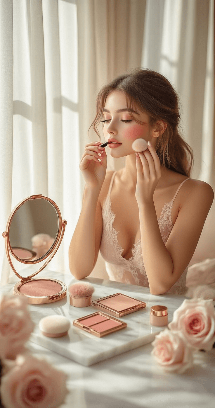 Easy Cosplay Makeup: Transform Your Look Like a Pro (Even for Beginners!) A young woman in a lace camisole applies makeup at a sunlit vanity, surrounded by nude lip colors, a blush brush, and a setting powder compact on a white marble surface, with sheer curtains in the background and rose gold accents adding to the serene atmosphere.