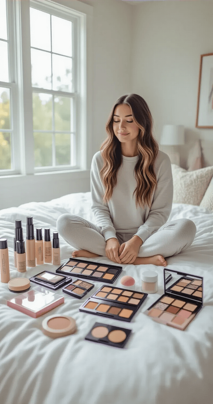 Easy Cosplay Makeup: Transform Your Look Like a Pro (Even for Beginners!) A bright, organized bedroom with natural light showcasing a young woman in loungewear sitting on crisp white bedding surrounded by an arranged collection of budget-friendly drugstore makeup products, emphasizing affordability and accessibility.