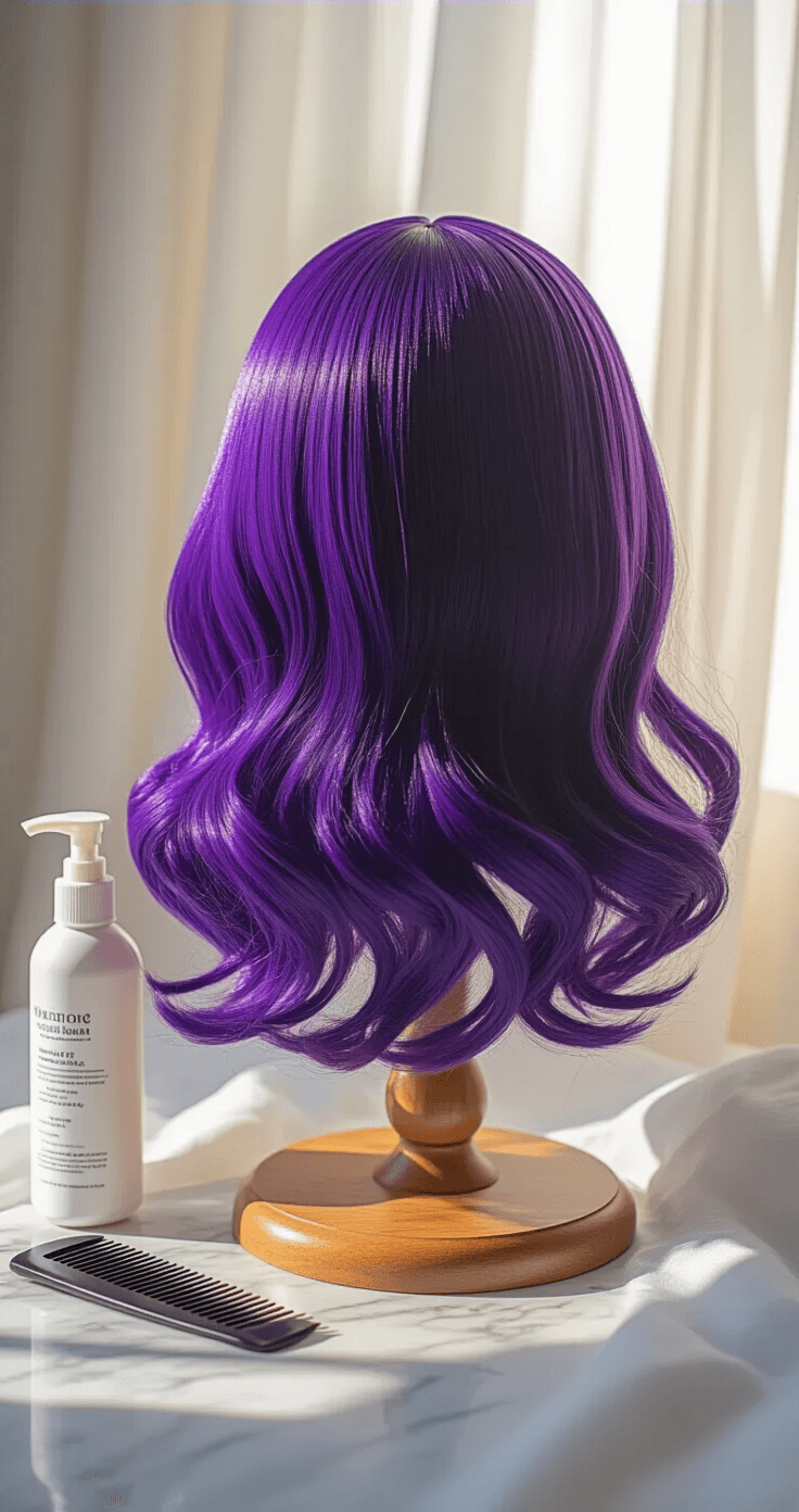Ultimate Guide to Cosplay Wig Care: Secrets Pro Cosplayers Know Photorealistic close-up of a vibrant purple cosplay wig on a wooden stand in a bright, minimalist bedroom, illuminated by golden hour sunlight. A wide-tooth comb, detangling spray, and wig shampoo are arranged on a marble vanity, highlighting the wig's lustrous texture and rich color against clean white linens.